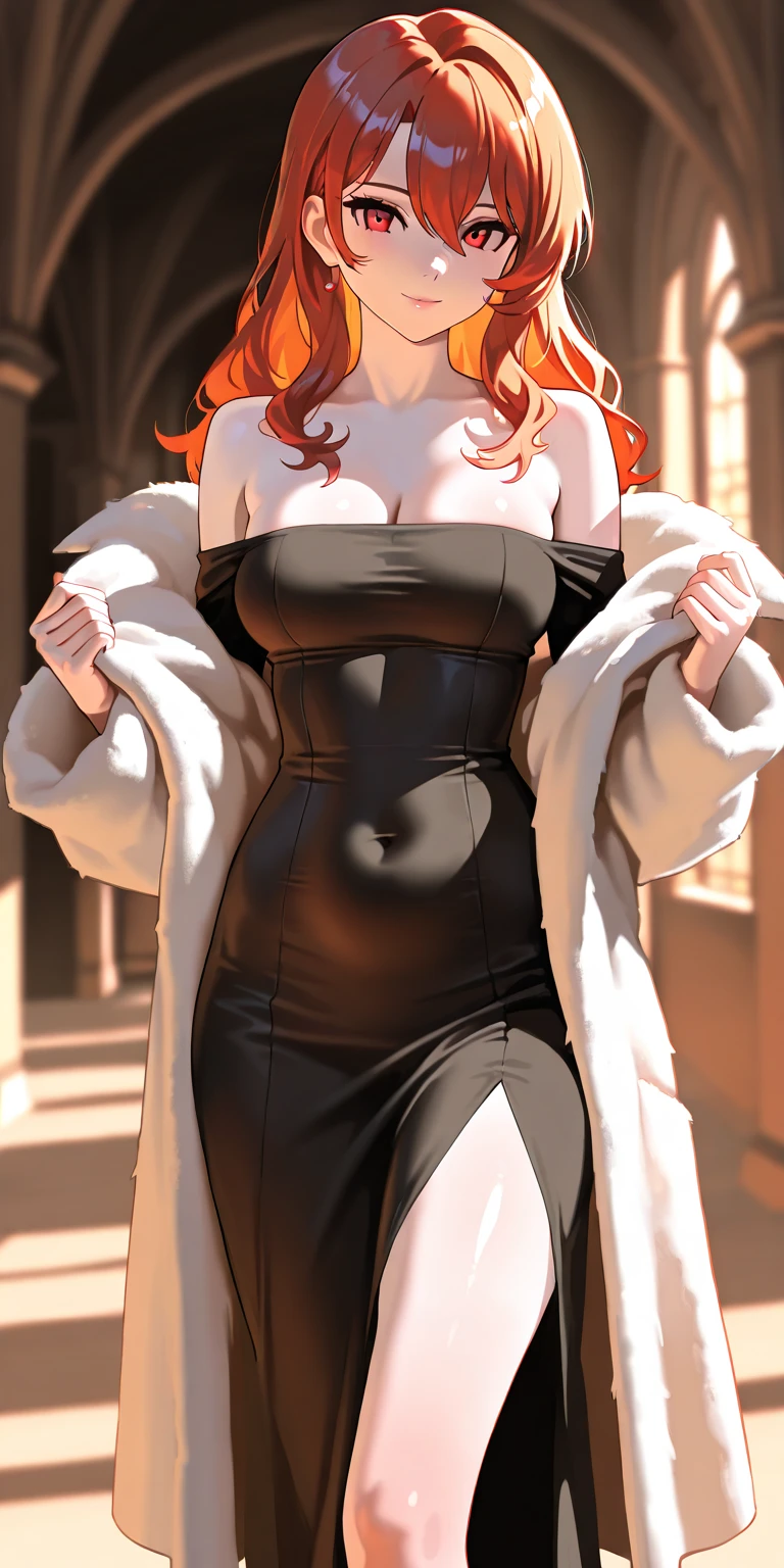 1lady, high resolution, masterpiece, ultra-detailed, 8k portrait, extremely detailed CG unity 8k wallpaper, ultra quality, best aesthetic, highly detailed background, extremely delicate and beautiful, (red hair, red eyes:1.3), (short hair, shaggy cut, messy hair:1.2), fluffy hair, (grey turtleneck, sleeveless turtleneck, turtleneck sweater, ribbed sweater:1.1), sweater tucked in, (pencil shirt, black skirt, high-waisted skirt, micro skirt), waist belt, leather belt, black belt, casual clothes, taut clothes, lace-trimmed underwear, white bra, bra under turtleneck, white panties, panties under pantyhose, shiny clothes, queen, princess, noble lady, gentle lady, office lady, attractive mature lady, slender, glamorous, hourglass figure, curvy, voluptuous, curvaceous, big smile, joyful, seductive eyes, seductive lips, blush, standard height, gleaming body, shiny hair, bare shoulders, large breasts, puffy-erect nipples, tsurime, slanted eyes, almond-shaped eyes, cool eyes, symbol-shaped pupils, white pupils, crystal pendulum earrings, jewelry, silver pendant, gold bracelet, brown pantyhose, lace-trimmed pantyhose, black footwear, ankle boots, red toenails, natural makeup, contouring, concealer, eyeliner, eye shadow, mascara, lash curler, lip gloss, lip liner, nail polish, outdoors, metropolitan, background business district, midday, skyscraper, standing, (shoot from above, high angle), looking up, looking ahead, from above, looking at viewer