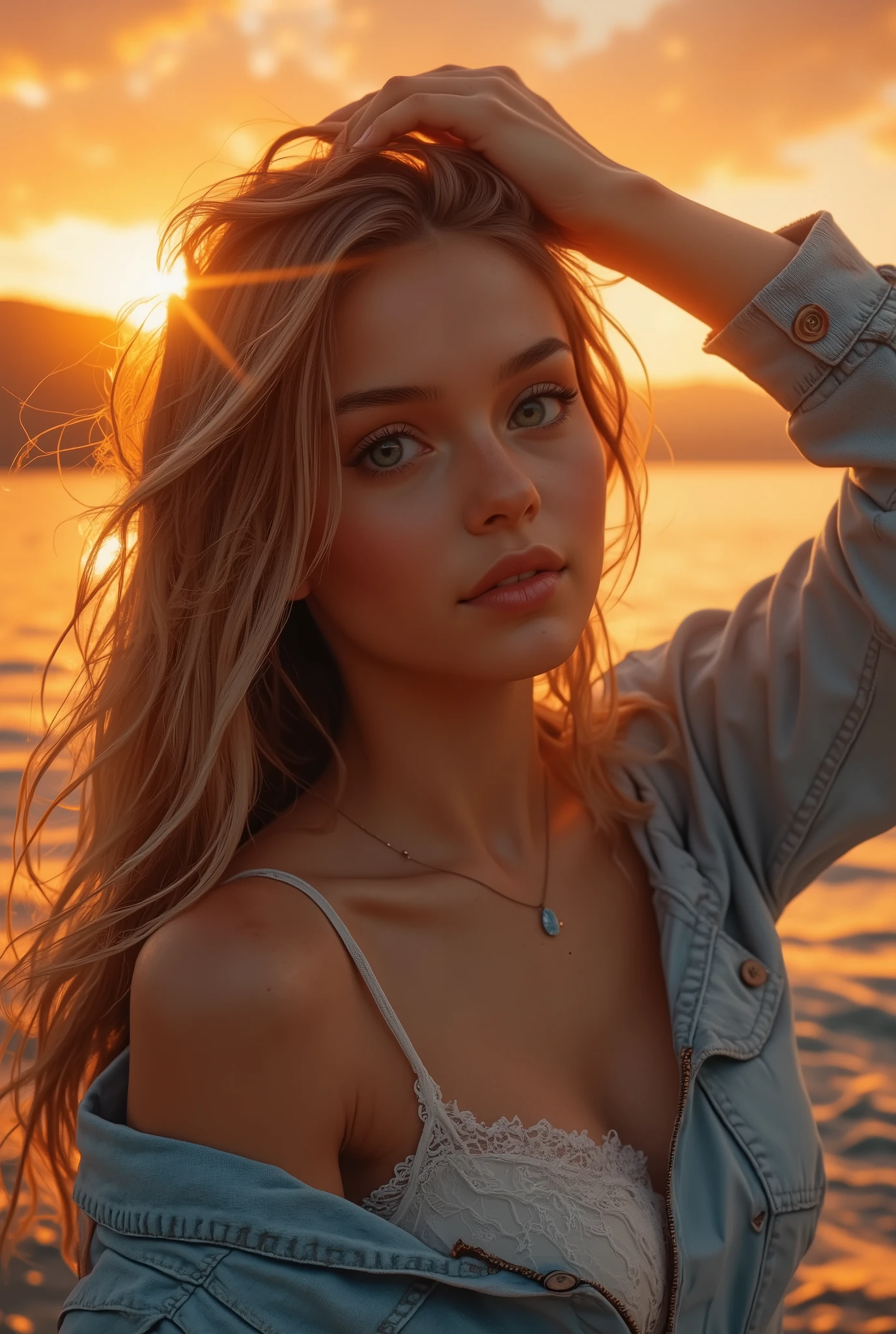 A beautiful young woman. Loose long, gorgeous wavy blonde hair. A glance at the viewer over his shoulder. The radiance of skin and hair in the warm rays of the setting sun. Charming big incredibly transparent light blue eyes. Beautifully shaped bright full lips. A slight smile. Light, delicate skin. A light blue denim jacket or shirt slightly off the shoulder.A white lace top is visible under the shirt. One arm is raised and bent at the elbow and rests with the palm on top of the head. The background is a bright scarlet sunset over the sea, with soft, blurred landscape details. The sun is reflected in the water. Picturesque sky. The light falls from behind from the side. The camera angle is low. Bokeh. The style is soft, dreamy and romantic, with warm tones and an emphasis on golden hour lighting. Portrait. The overall style is digital art. High detail.