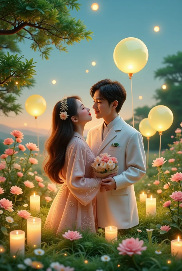 一对情侣在迷人的garden中心跳浪漫的舞蹈. The scene is illuminated by floating candles and lanterns , projects a warm , Gently. garden , From the delicate petals of flowers to the verdant leaves , The intricate details are presented in amazing 8K resolution . The couple, Immerse yourself in your arms , Exudes deep love and connection . The atmosphere is full of magical magic , The soft light and serene beauty of the surroundings brightens up the surrounding environment