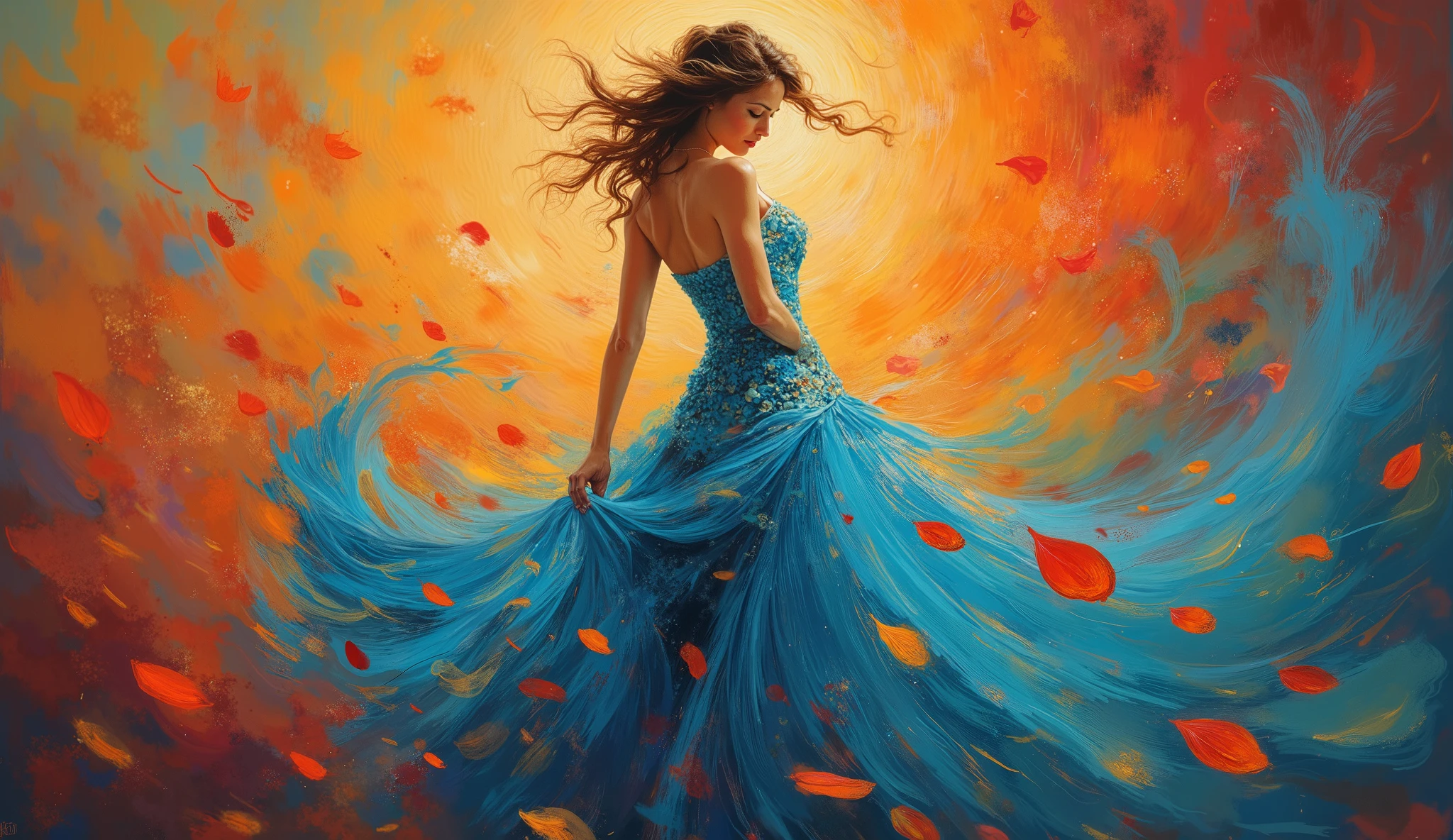 a mesmerizing, swirling depiction of a woman in a stunning, flowing gown. The dress is a deep blue, adorned with intricate details and vibrant, falling petals of red and gold that seem to dance around her. Her hair flows freely, adding a sense of movement and grace to the scene. The background features a warm, radiant glow that enhances the ethereal quality of the artwork, creating a dynamic interplay between light and color. The overall composition conveys elegance, motion, and a touch of whimsy.