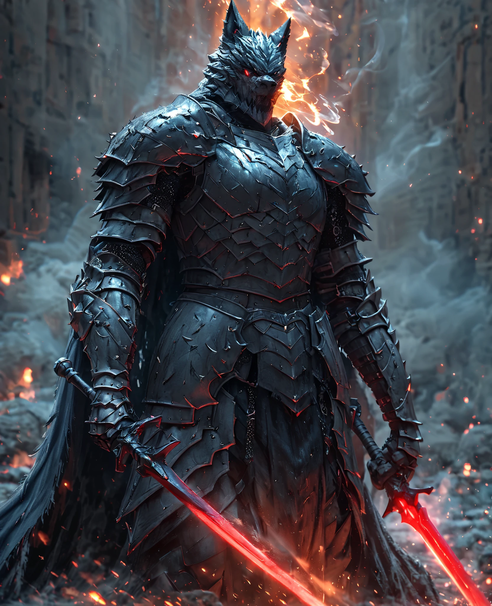 SHOWING ANCIENT WOLF ARMOR, ITS COLOR IS DARK LIKE A DENSE NIGHT, HELMET IS SHAPED LIKE A METALLIC WOLF , YOUR EYES GLOW IN NEON , ONE EYE IS BLUE AND THE OTHER RED , EXTREMELY LARGE AND STRONG ARMOR , Intimidating Aura , YOUR COLOR IS EXTREMELY BLACK , USES A LONG DARK TORN CAPE , BLUE RAYS AND SMOKE COMES OUT OF THIS ARMOR , Realistic art