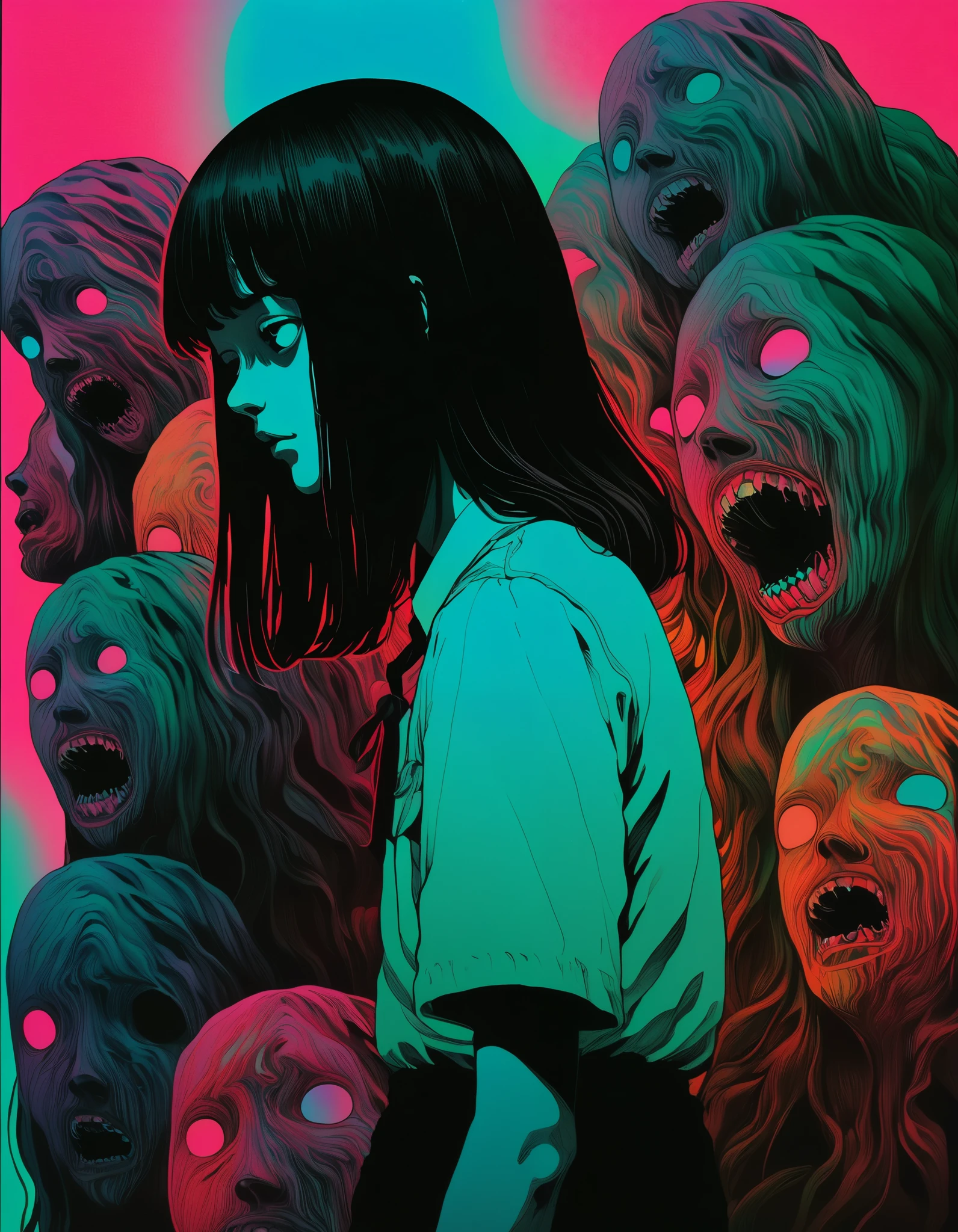 black hair male, An illustration、art、70s horror movie posters, Supervised by Junji Ito、High detail, Realistic Shadows、Analog Style, chromatic aberration, Surrealism、Complementary Gradient