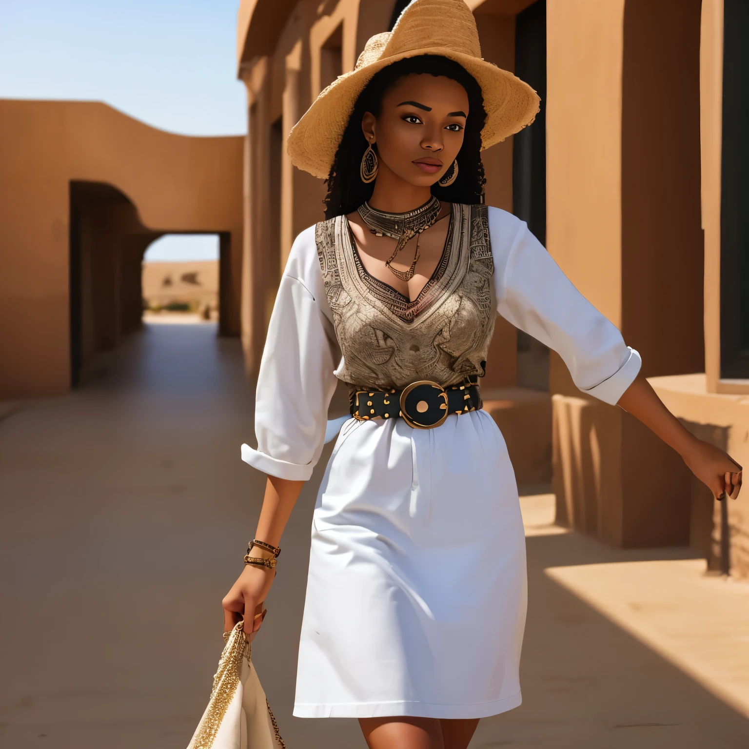 A woman wearing a dress which has a focus on environmental sustainability. the dress is made from recycled heavy cotton, including (bleached white denim) and hessian sacks. There is also a belt, jewelled necklace and a small headdress, all made from wood. The wide belt is made from intricate wooden chainmail. The design blends North African and Yoruba influences to make a contemporary, even futuristic, fashion outfit 
