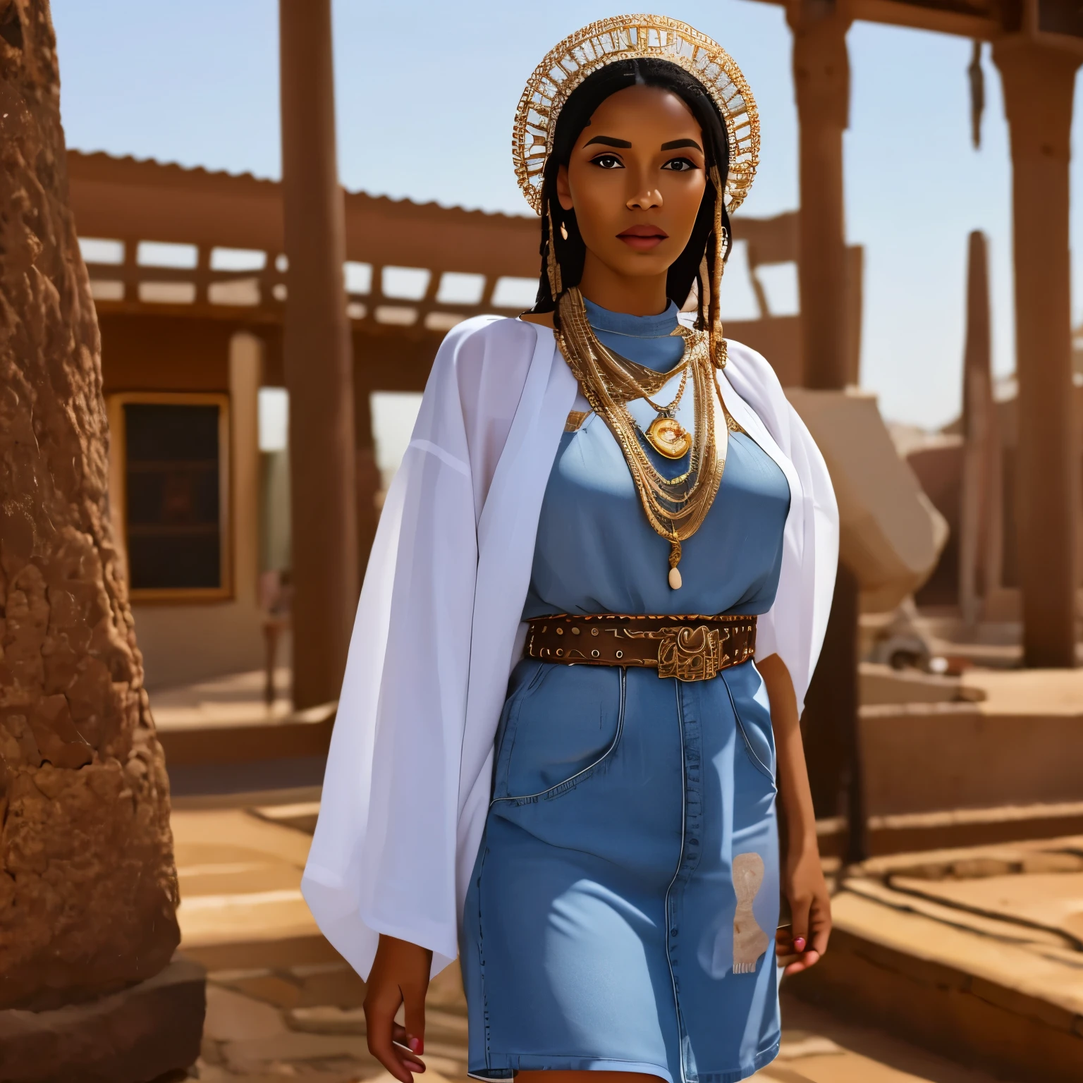 A woman wearing a dress which has a focus on environmental sustainability. the dress is made from recycled heavy cotton, including (bleached white denim) and hessian sacks. There is also a belt, jewelled necklace and a small headdress, all made from wood. The wide belt is made from intricate wooden chainmail. The design blends North African and Yoruba influences to make a contemporary, even futuristic, fashion outfit 

