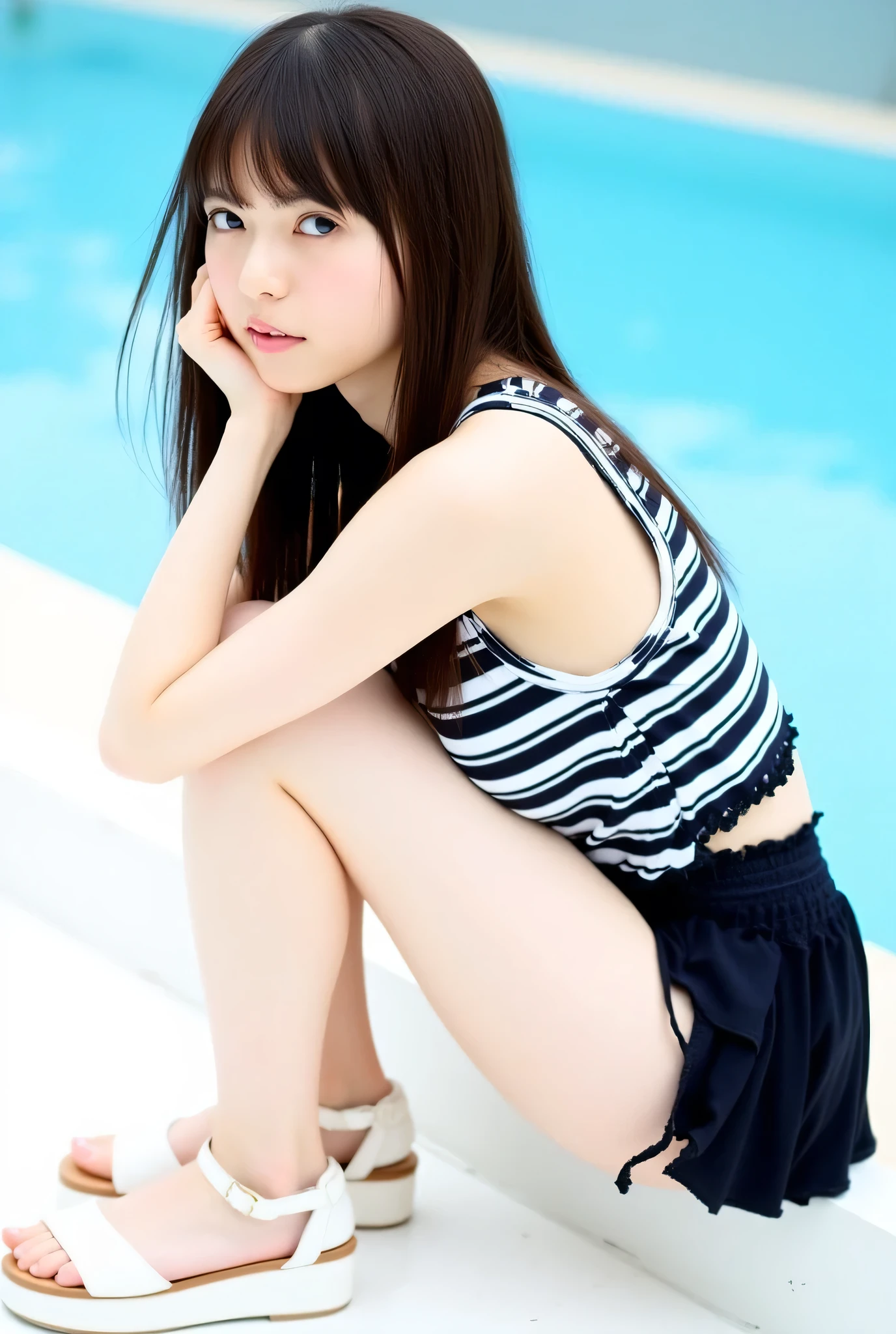 This image、 Show a young woman named Asuka sitting with her knees bent and one hand on her chin I'm doing. She has long straight hair and bangs . She wears a sleeveless top with black and white horizontal stripes , and dark short shorts with ruffles at the bottom , Show me her pure white thighs . She has white platform sandals with ankle straps . The background looks like an outdoor setting with a blue surface .