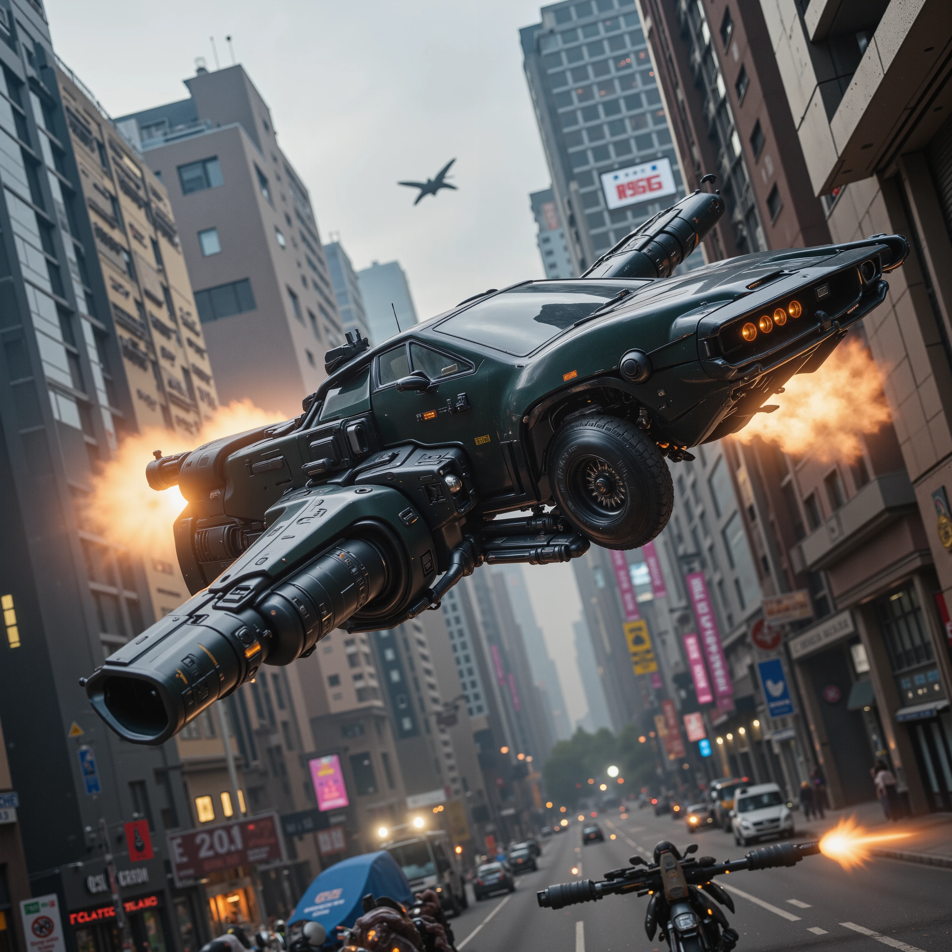 (best quality,4k,8k,highres,masterpiece:1.2), ultra-detailed. In a major city in the future a flying car opens fire on another car 100ft. above the street with automatic gunfire. A mid-air shooting in broad daylight. Macro photography. Ultra realistic, photorealistic, war, cinematic photography, cinematic lighting, cinematic portrait, portrait photography, cinematography, full focus, UHDR, portrait photography, cyberpunk cityscape, futurism, highest quality, masterpiece.