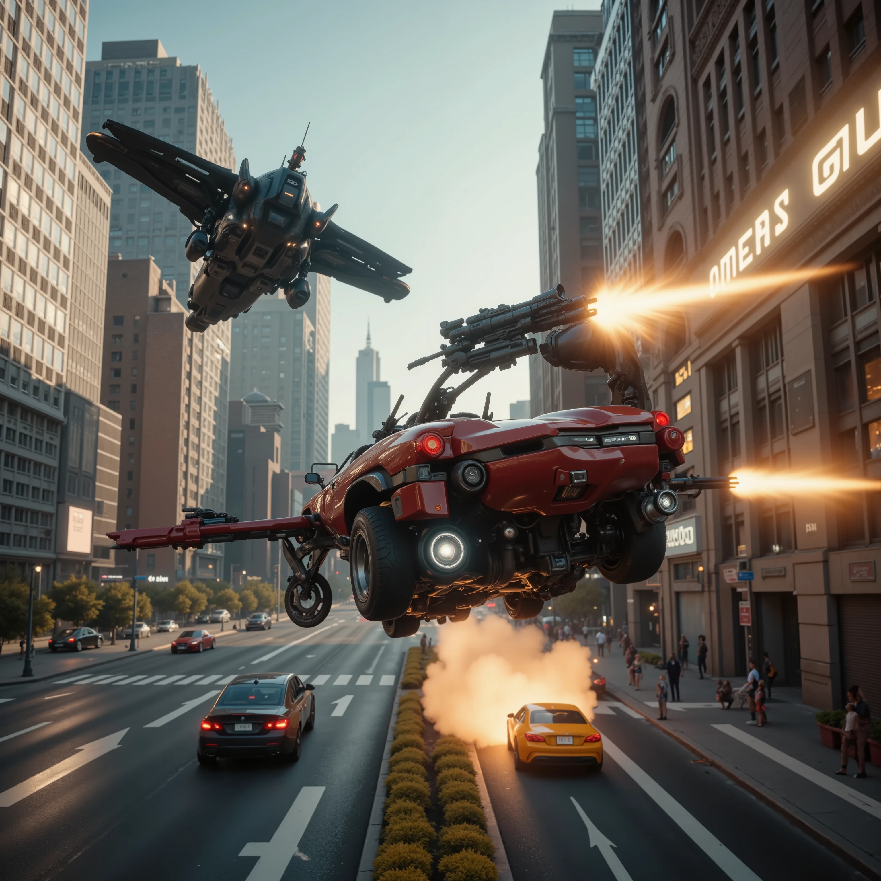 (best quality,4k,8k,highres,masterpiece:1.2), ultra-detailed. In a major city in the future a flying car opens fire on another car 100ft. above the street with automatic gunfire. A mid-air shooting in broad daylight. Macro photography. Ultra realistic, photorealistic, war, cinematic photography, cinematic lighting, cinematic portrait, portrait photography, cinematography, full focus, UHDR, portrait photography, cyberpunk cityscape, futurism, highest quality, masterpiece.