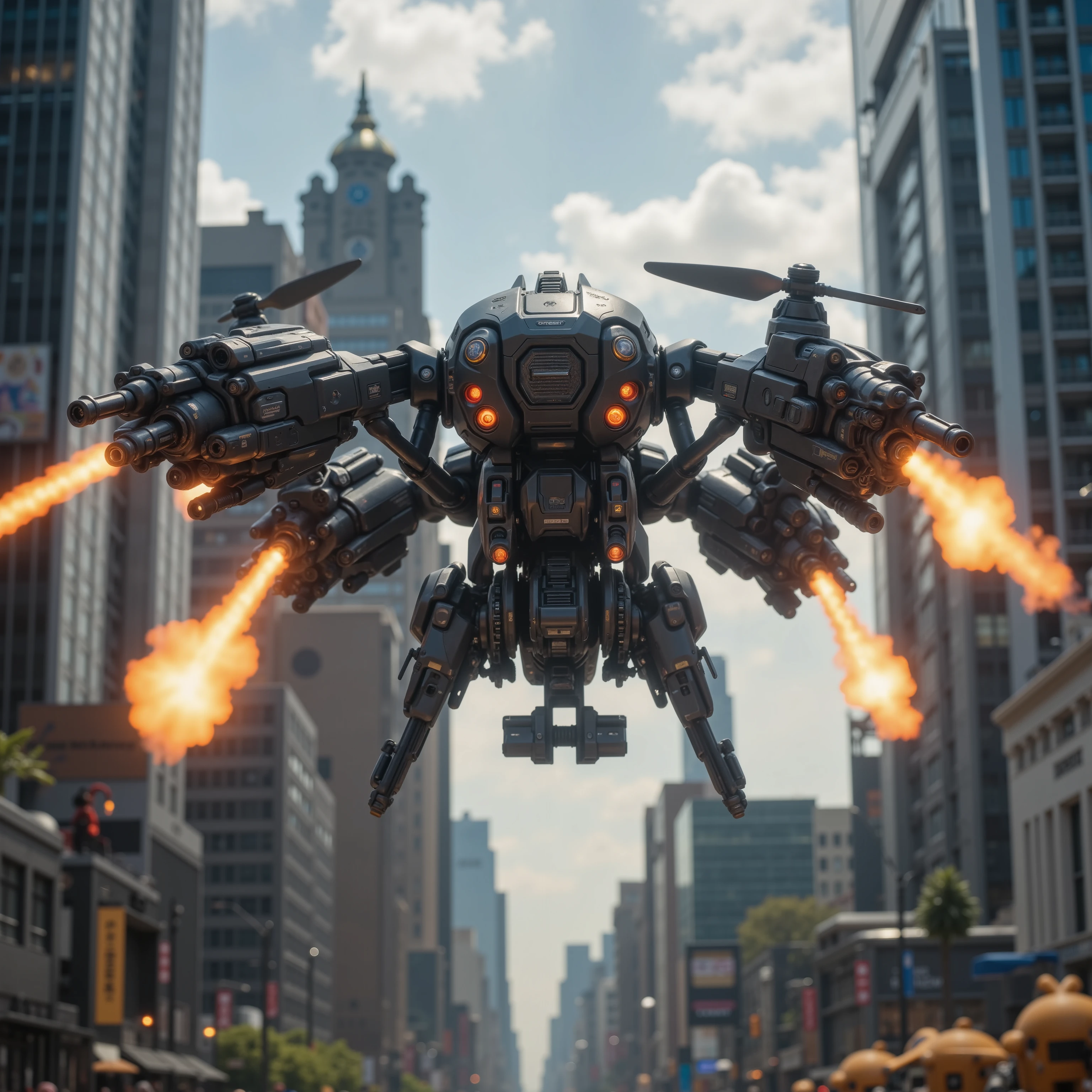 (best quality,4k,8k,highres,masterpiece:1.2), ultra-detailed.  In a major city in the future  we see a close up of a drone with automatic gunfire pouring out of it in broad daylight. Professional futuristic drone. Orange gunfire explosions. Macro photography. Ultra realistic, photorealistic, war, cinematic photography, cinematic lighting, cinematic portrait, portrait photography, cinematography, full focus, UHDR,  portrait photography, cyberpunk cityscape, futurism, highest quality, masterpiece.