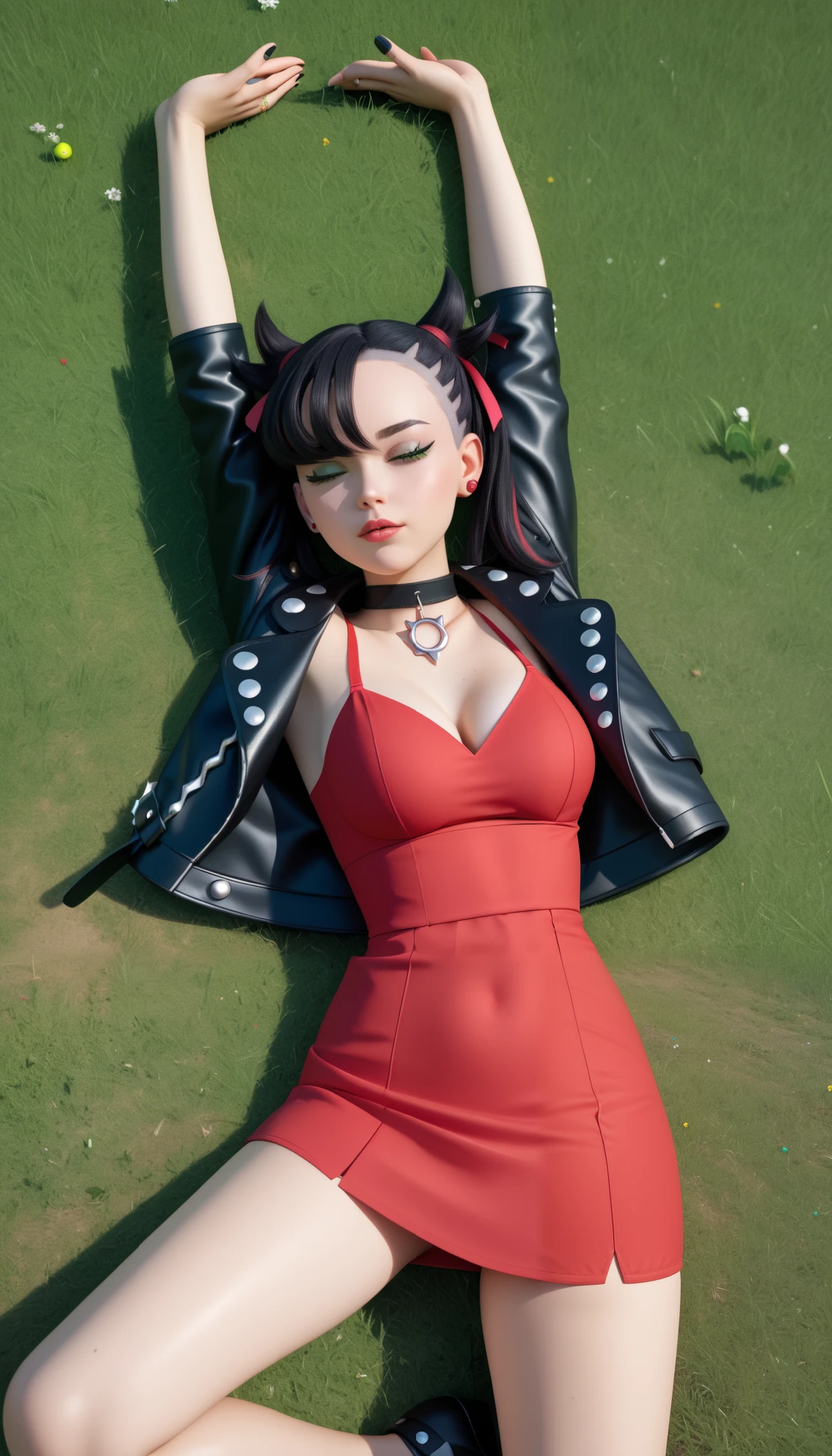 18 years old, big breasts, Marnie_(Pokemon), (cammystretch, stretching, arms up), she is stretching, eyes closed, pokeballs laying around, outdoor grass backround, emerald-green eyes, dark-black hair, and very pale skin, slim, hairstyle with a partially shaved side, tufts of hair that resemble horns, and messy twin-tails tied with red ribbons. Her bangs are also on her right side and partially cover her eye,For clothing : Marnie wears an outfit that seems to be a mix of a tough and cute style. It consists of a studded black Gothic jacket, a pink mini dress with triangular holes cut into the bottom, three large studs, and an upwards pointed toe. For accessories, she wears a black choker around her neck with a circle and three spikes outside of it, along with a red diamond-shaped ear piercing. She also carries around a small red backpack that matches her hair ribbons.