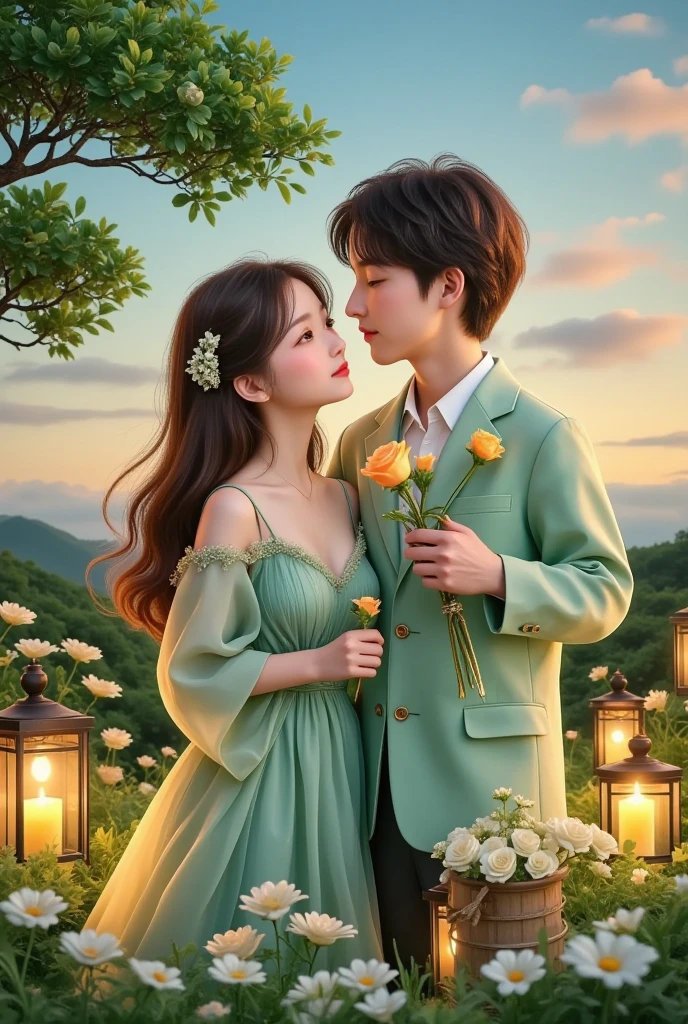 一对情侣在迷人的garden中心跳浪漫的舞蹈. The scene is illuminated by floating candles and lanterns , projects a warm , Gently. garden , From the delicate petals of flowers to the verdant leaves , The intricate details are presented in amazing 8K resolution . The couple, Immerse yourself in your arms , Exudes deep love and connection . The atmosphere is full of magical magic , The soft light and serene beauty of the surroundings brightens up the surrounding environment