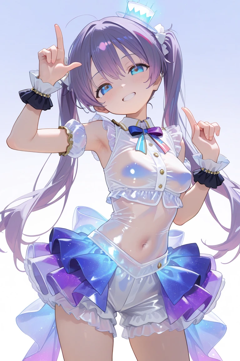 (A Masterpiece)、(Top quality anime illustrations)、(ultra definition)、a 1 girl、solo、Beautiful girl with silver hair、Anime Loli、Cat eared loli、See-through cheerleader、Sleeveless、smiling smile、Cleavage emphasis、thights、leaning forward、open the legs