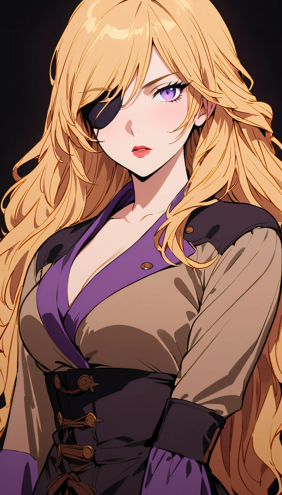 vintage movie, girl, wavy blonde hair, woman body, big boss, black corset, dark background around, (((purple eyes))), powerful woman, solo, secret, ((long hair)), one eye patch