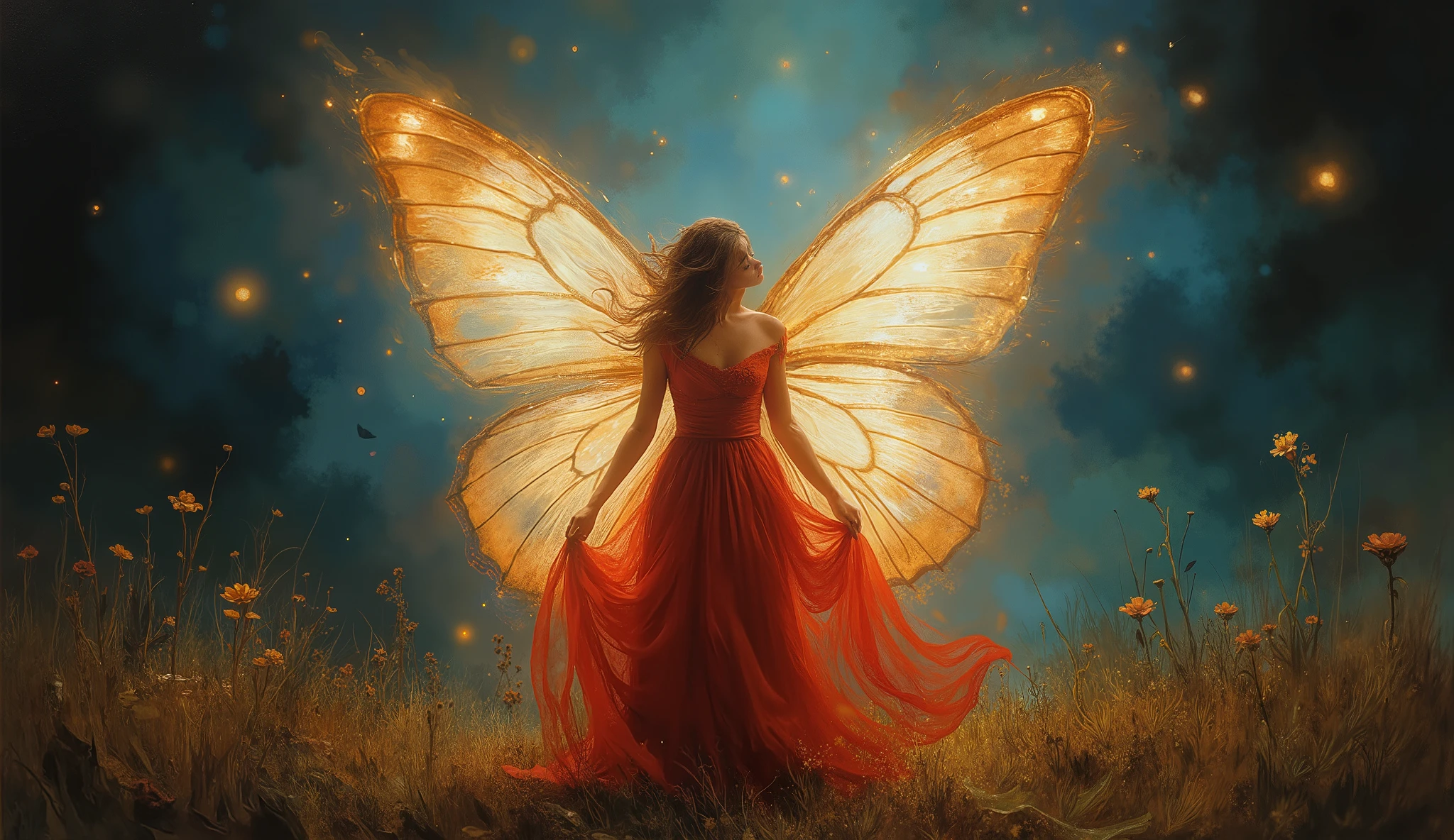 a fantastical scene where a figure, cloaked in a flowing red dress, stands gracefully at the center. This figure is partially transformed into a large, luminous butterfly, with expansive, glowing wings that are primarily white and accented with warm shades of orange. The background is dark and moody, creating a contrast that highlights the ethereal beauty of the butterfly form and the figure's silhouette. Delicate flowers and soft glimmers of light surround the scene, enhancing its magical aura. The overall composition evokes a sense of transformation, nature, and enchantment.