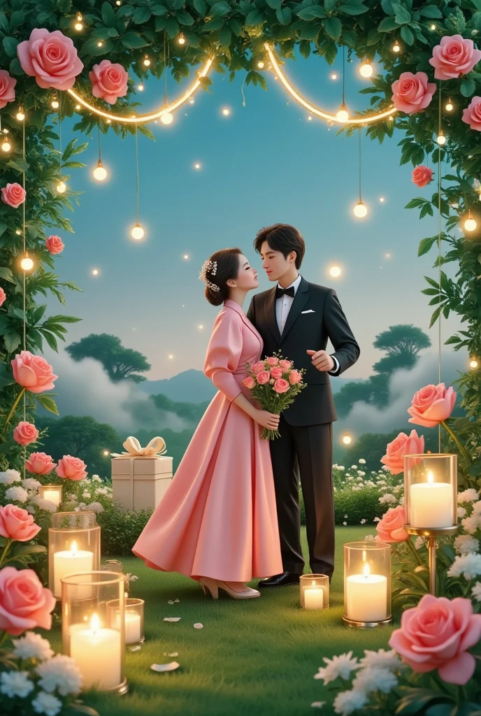 一对情侣在迷人的garden中心跳浪漫的舞蹈. The scene is illuminated by floating candles and lanterns , projects a warm , Gently. garden , From the delicate petals of flowers to the verdant leaves , The intricate details are presented in amazing 8K resolution . The couple, Immerse yourself in your arms , Exudes deep love and connection . The atmosphere is full of magical magic , The soft light and serene beauty of the surroundings brightens up the surrounding environment