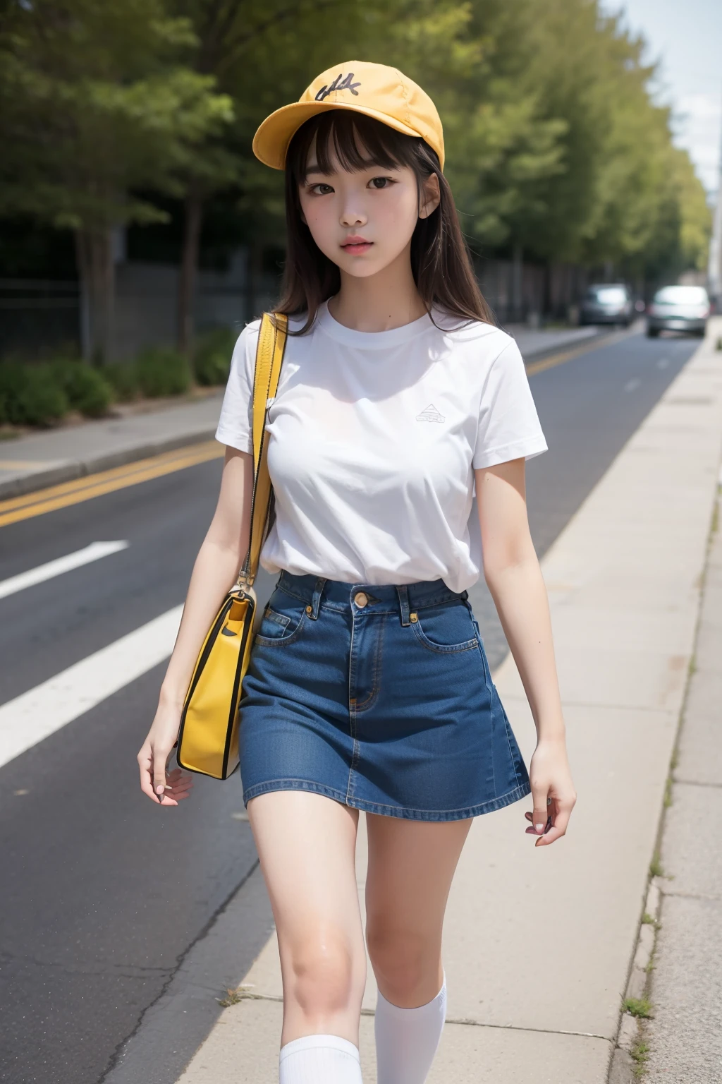 The beauty of 8K raw photos:2.0, Japanese woman, short hair, beautiful face and dark eyes, looking down, looking at the viewer:1.5, big smile, wet hair, tiny top, (denim mini skirt and pink shirts:1.2), shinny skin, open wide legs, realistic:1.9, very detailed, full body shot:1.2, High resolution RAW color photos, professional photos, Taken at the town road, girl sexy portrait