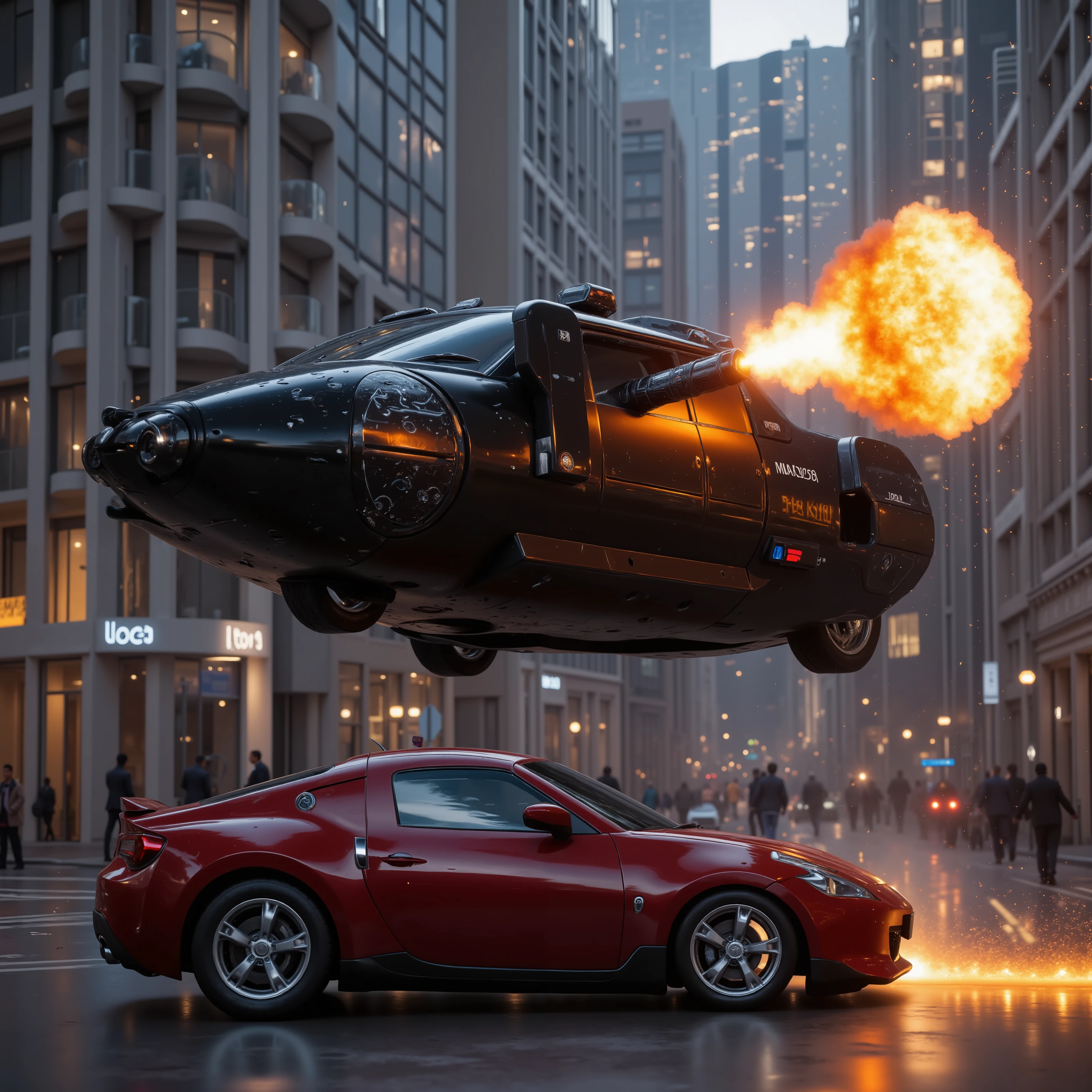 (best quality,4k,8k,highres,masterpiece:1.2), ultra-detailed.  <Lora:hk-m223c The image shows a glossy black hover car with a hk- m223a barrel being held out the window with orange explosive fire coming out of it and a red car across from it being riddled with bullets. Bullet holes can be seen across the entire car.  At the same time it shoots at the building across from it, fire can be seen coming fro the windows. Ultra realistic, realism, cinematic photography, cinematic lighting, cinematic portrait, portrait photography, cinematography, full focus, UHDR,  visually disorienting, portrait photography, surrealism, etheral, cyberpunk cityscape, futurism, highest quality, masterpiece.