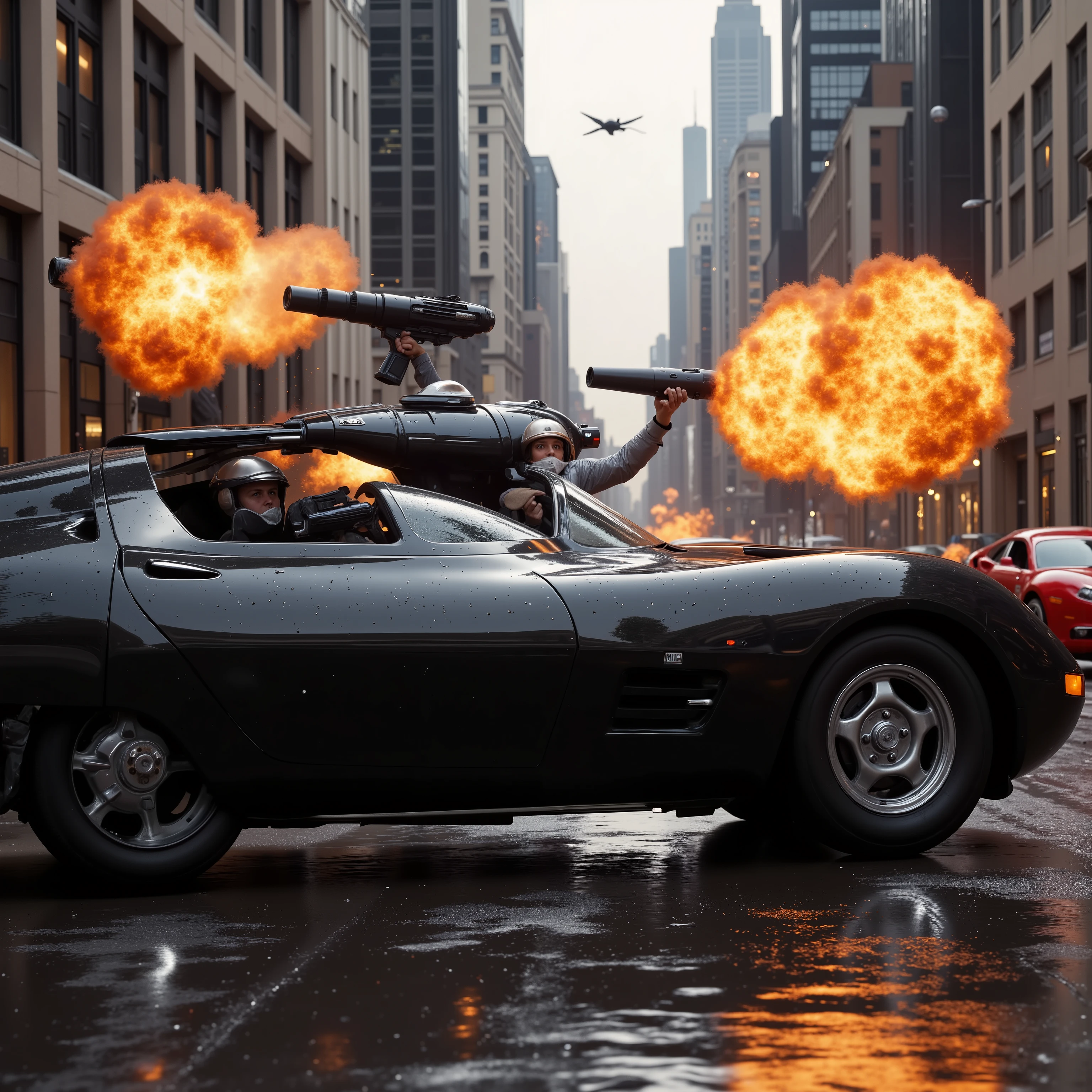 (best quality,4k,8k,highres,masterpiece:1.2), ultra-detailed. <Lora:hk-m223c The image shows a glossy black hover car with a hk- m223a barrel being held out the window with orange explosive fire coming out of it and a red car across from it being riddled with bullets. Bullet holes can be seen across the entire car. At the same time it shoots at the building across from it, fire can be seen coming fro the windows. Ultra realistic, realism, cinematic photography, cinematic lighting, cinematic portrait, portrait photography, cinematography, full focus, UHDR, visually disorienting, portrait photography, surrealism, etheral, cyberpunk cityscape, futurism, highest quality, masterpiece.