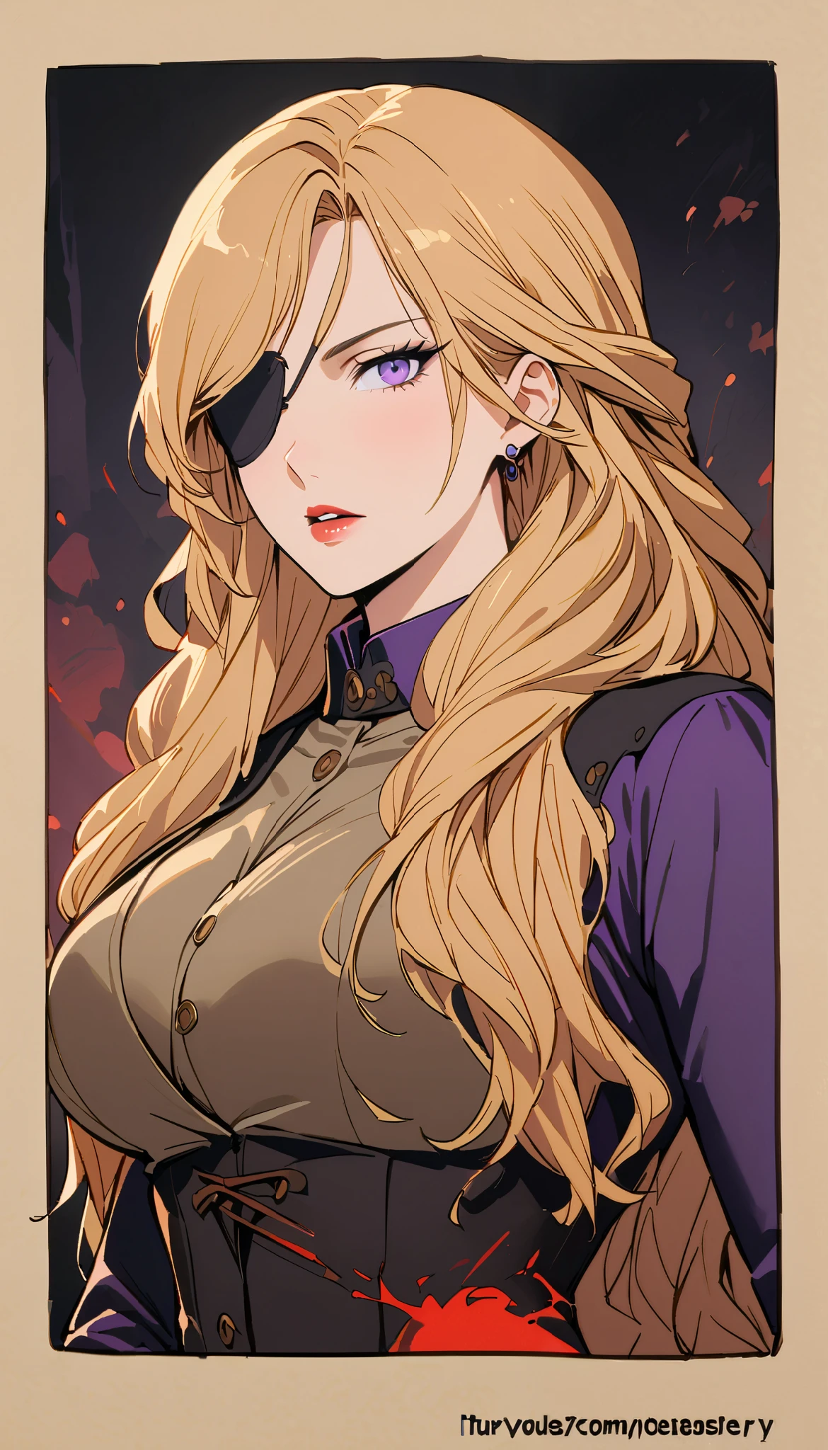 vintage movie, girl, wavy blonde hair, woman body, big boss, (((purple eyes))), powerful woman, solo, ((blood energy)), ((long hair)), one eye patch, ((earnings)), ((black corset)), ((mature))
