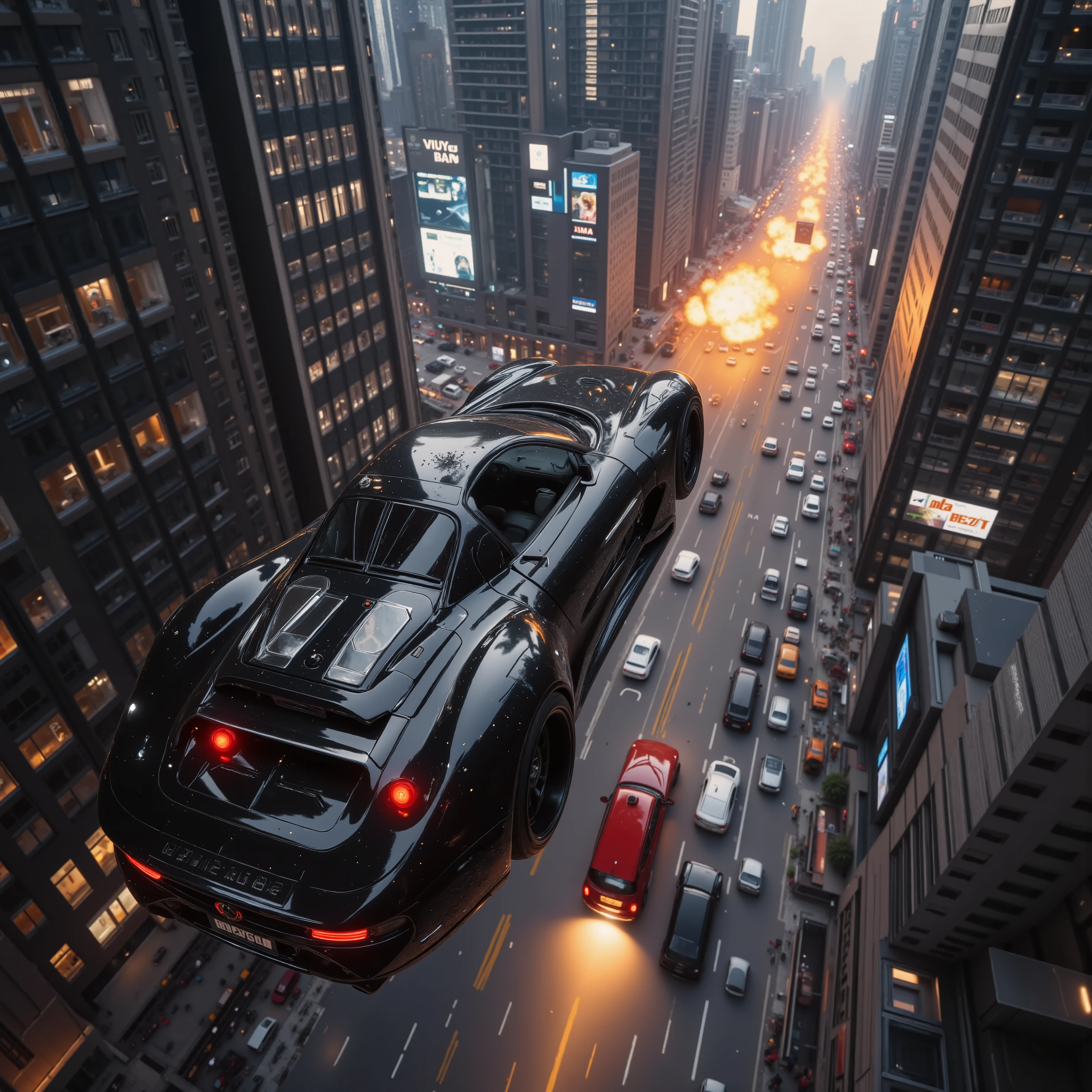 (best quality,4k,8k,highres,masterpiece:1.2), ultra-detailed. A hover car 20 stories high above a busy street in a major city in the future opens fire on another car that is parallel with it. <Lora:hk-m223c The image shows a glossy black car with a hk- m223a barrel being held out the window with orange  explosive fire coming out of it and a red car across from it being riddled with bullets. Bullet holes can be seen across the entire car. Ultra realistic, realism, cinematic photography, cinematic lighting, cinematic portrait, portrait photography, cinematography, full focus, UHDR,  visually disorienting, portrait photography, surrealism, etheral, cyberpunk cityscape, futurism, highest quality, masterpiece.