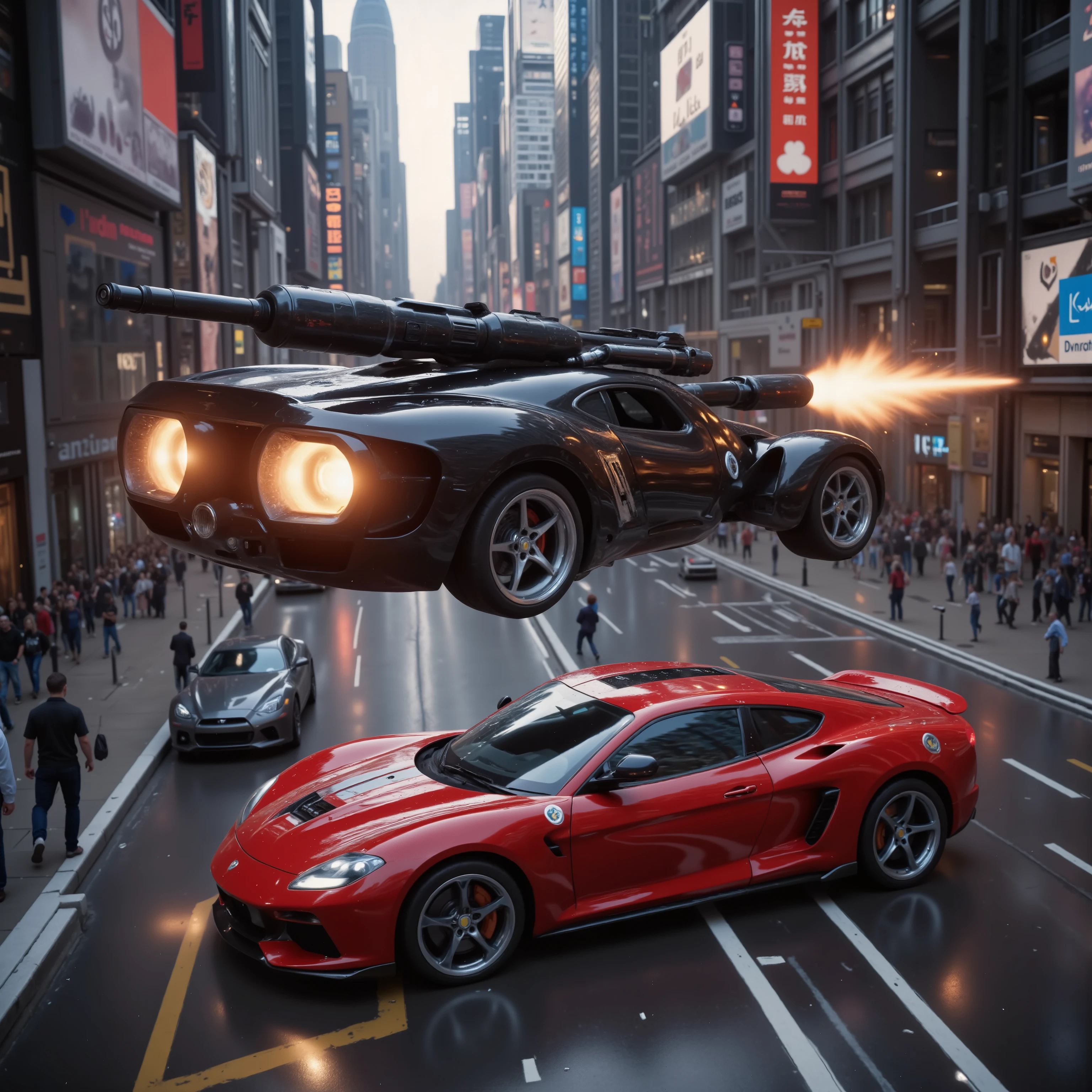 (best quality,4k,8k,highres,masterpiece:1.2), ultra-detailed. A hover car 20 stories high above a busy street in a major city in the future opens fire on another car that is parallel with it. <Lora:hk-m223c The image shows a glossy black car with a hk- m223a barrel being held out the window with orange explosive fire coming out of it and a red car across from it being riddled with bullets. Bullet holes can be seen across the entire car. Ultra realistic, realism, cinematic photography, cinematic lighting, cinematic portrait, portrait photography, cinematography, full focus, UHDR, visually disorienting, portrait photography, surrealism, etheral, cyberpunk cityscape, futurism, highest quality, masterpiece.