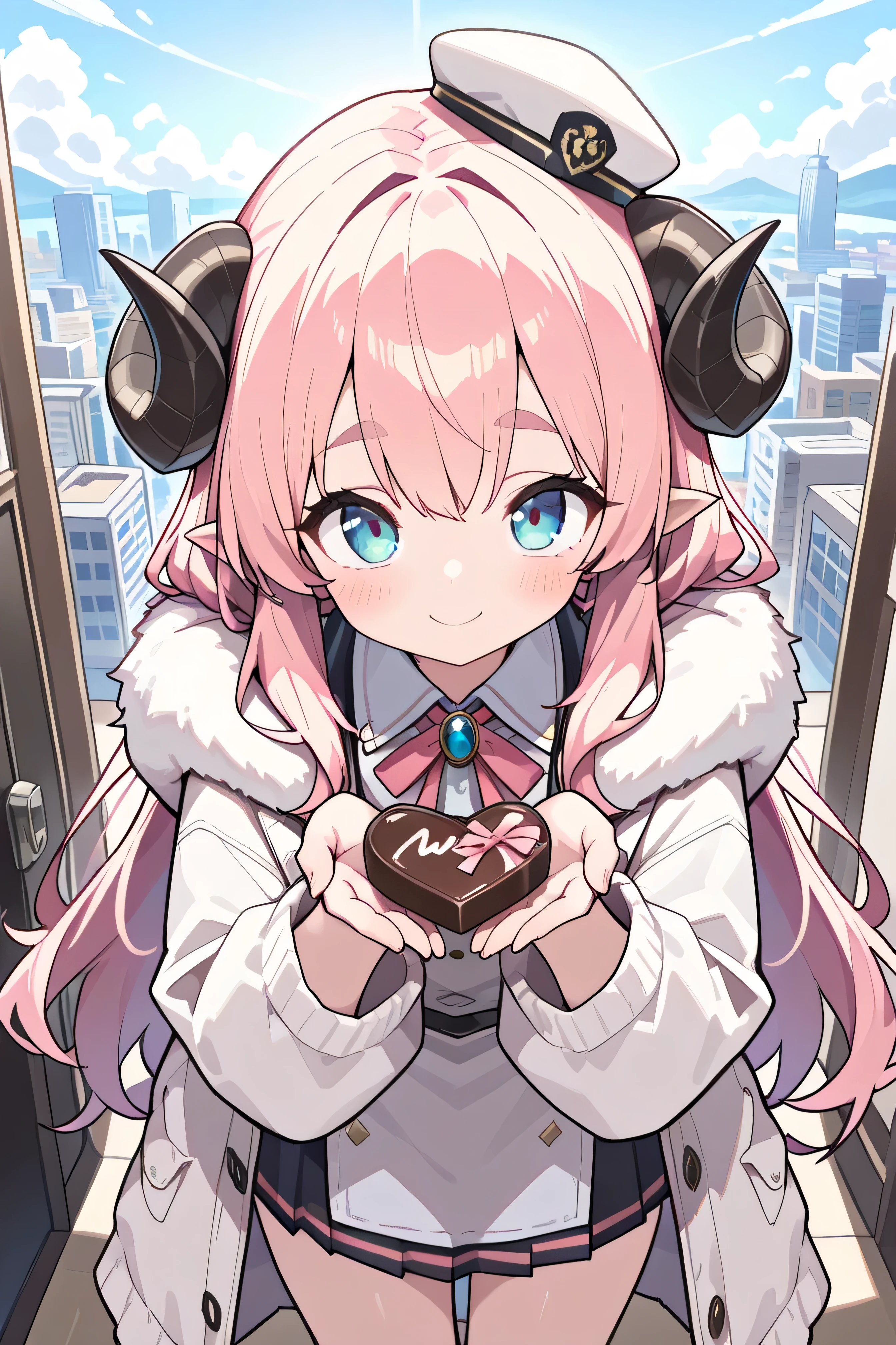 (masterpiece, best quality, ultra-detailed, 8k uhd, absurdres, delicate, Intricate:1.35), 1girl, ひつじちゃん:1.25, chocolate_flavor:1.2, (highly detailed background, lighting), (1girl, Pink fluffy long hair, Gentle and thick eyebrows: 1.1, rounded ram horns, Eyes as absurdly beautiful as jewels, BREAK, gorgeous\Intricate:1.3\minihat, pink ribbon, gorgeous\Intricate:1.3\fluffy long coat, Intricate:1.3\stripe sater, BREAK, BREAK, smile＋happy:1.25, bashful:1.35, bent over:1.1, Offering chocolate:1.3, cowboy shot, from above, cinematic angle, BREAK, (delicate sunset:1.7), An absurdly beautiful city at dusk:1.3