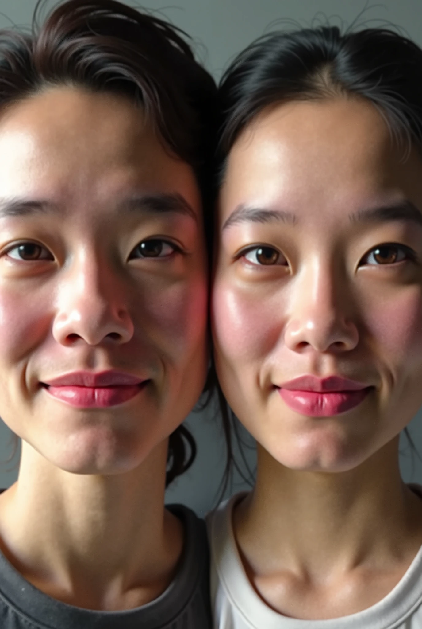 8K, Best Quality, Masterpiece, Ultra High Resolution, (Realism: 1.4), Original Photo, (Realistic Skin Texture: 1.3), (Film Grain: 1.3), (Selfie Angle), Chinese girl kissing mom,
