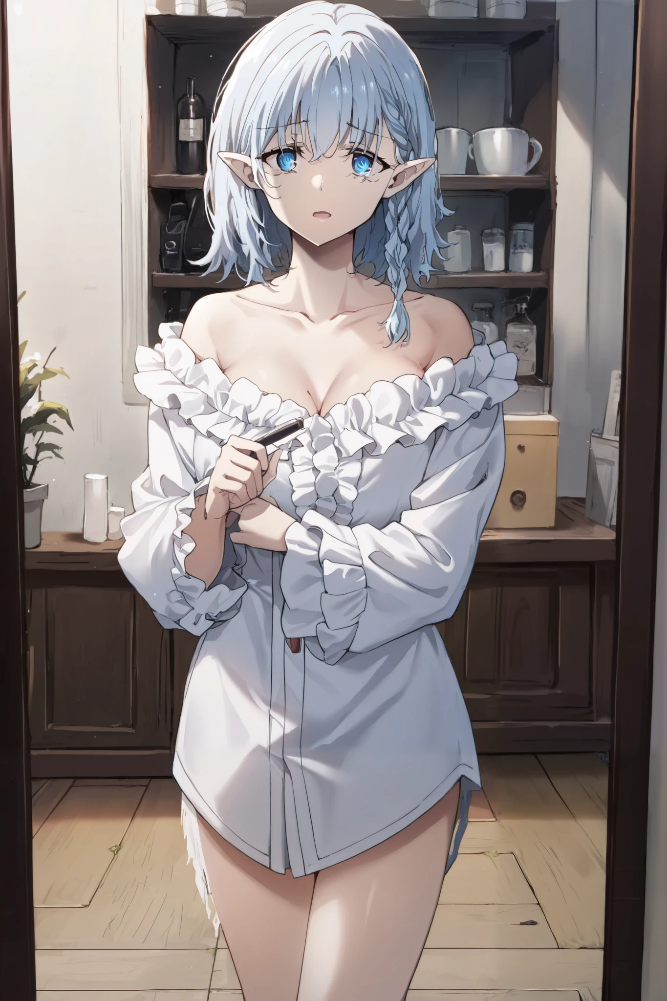 masterpiece, best quality, amazing quality, very aesthetic, absurdres, newest, scenery,1girl, solo, huge breasts, short hair, blue eyes, hair between eyes, wavy hair, parted bangs, light blue hair,looking at viewer,black dress, sleeveless, collarbone, cleavage, black gloves,,lying on the bed,bedroom,