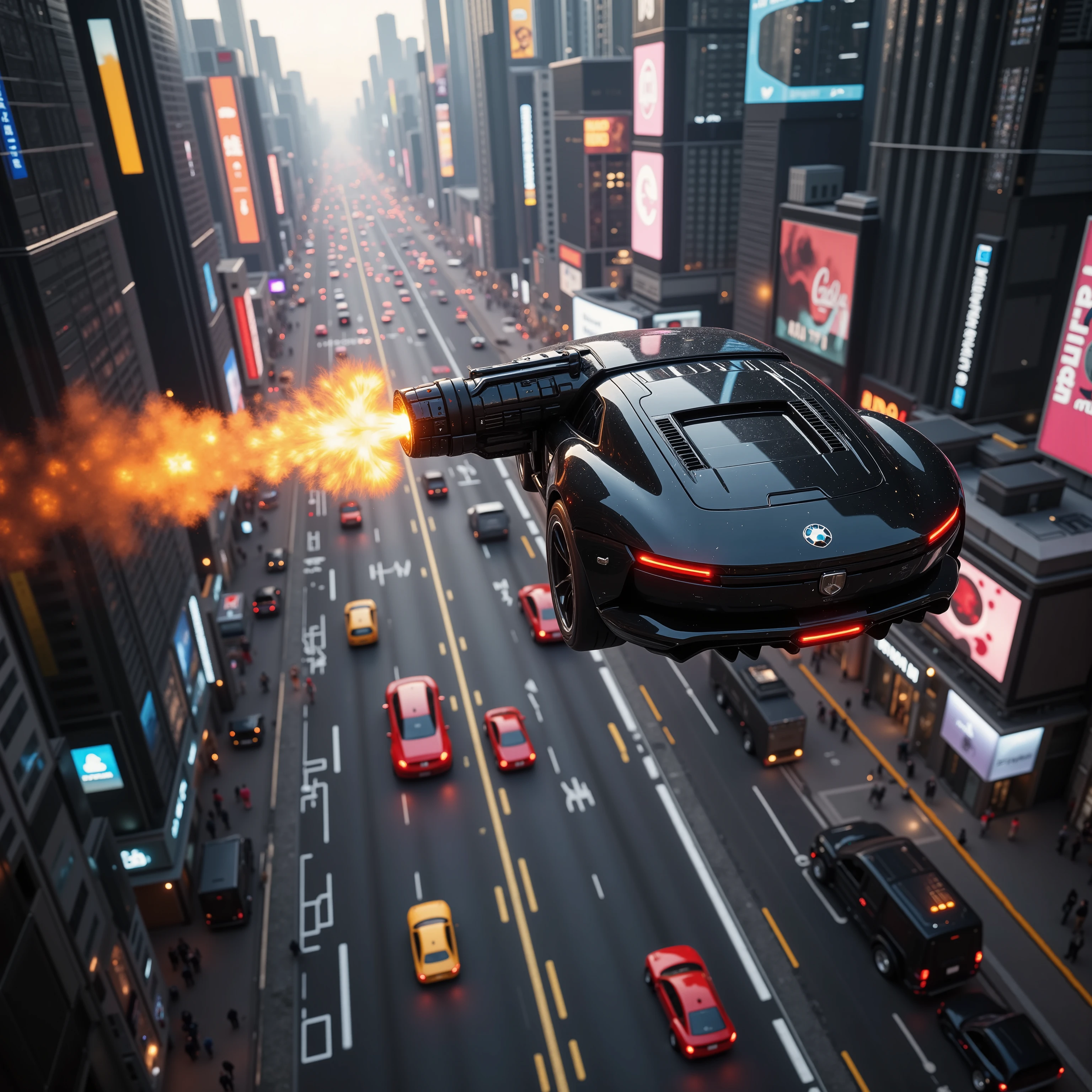 (best quality,4k,8k,highres,masterpiece:1.2), ultra-detailed. A hover car 20 stories high above a busy street in a major city in the future opens fire on another car that is parallel with it. <Lora:hk-m223c The image shows a glossy black car with a hk- m223a barrel being held out the window with orange explosive fire coming out of it and a red car across from it being riddled with bullets. Bullet holes can be seen across the entire car. Ultra realistic, realism, cinematic photography, cinematic lighting, cinematic portrait, portrait photography, cinematography, full focus, UHDR, visually disorienting, portrait photography, surrealism, etheral, cyberpunk cityscape, futurism, highest quality, masterpiece.