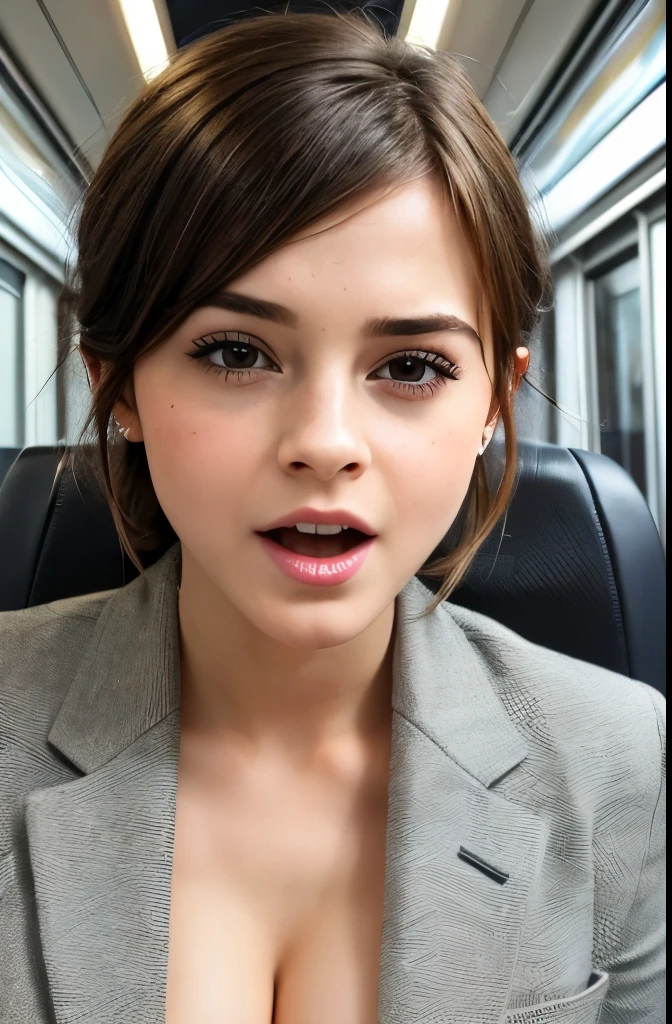 little Emma Watson,  1girl,must play,, photo , , full mouth of cum, cum on face, swallow cum, , award-winning,  extremely detailed ,  extreme orgasm , focus on face , ( woman with her mouth open and eyes closed ), 30 year old、 black hair 、 Shiny skin 、 close-up of the face ,from below、 Realistic nostrils 、 elongated nasal passages ,、 train 、( train 車内)、 cluster 、They are standing、(( business suit))、 big breasts、(sharp nose)grimace expression,#The concept,teeth,expression,facial expressions,grimace
