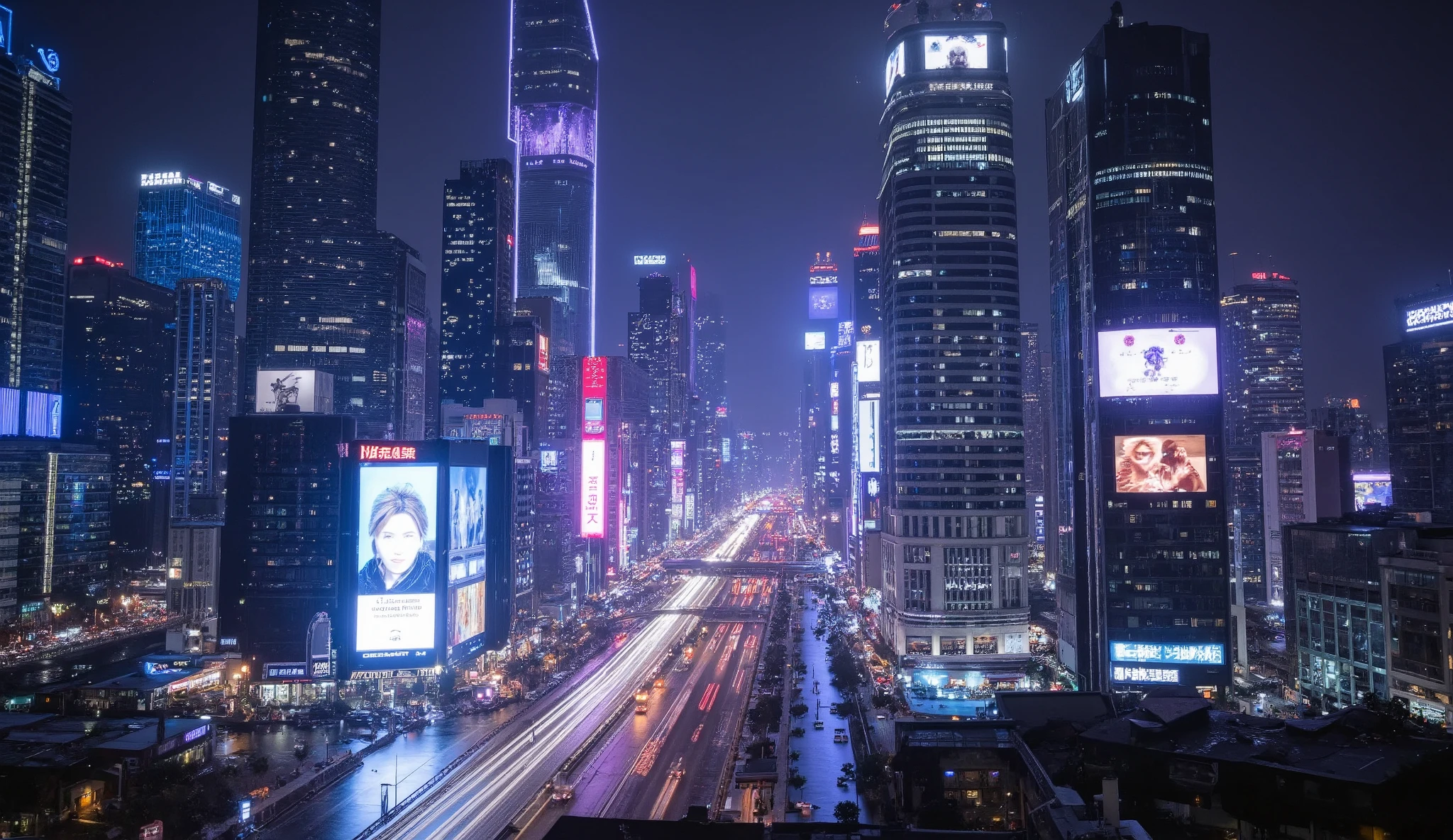 Description: A sprawling futuristic cityscape with towering skyscrapers illuminated by vibrant neon lights (blue, purple, pink). Wet streets reflect the neon glow, and giant hologram screens display animated ads.

Details: Aerial shots showing the bustling metropolis, flying cars zooming by.

Mood: Mysterious and thrilling, with a slow build-up in the music leading to a dramatic rise.