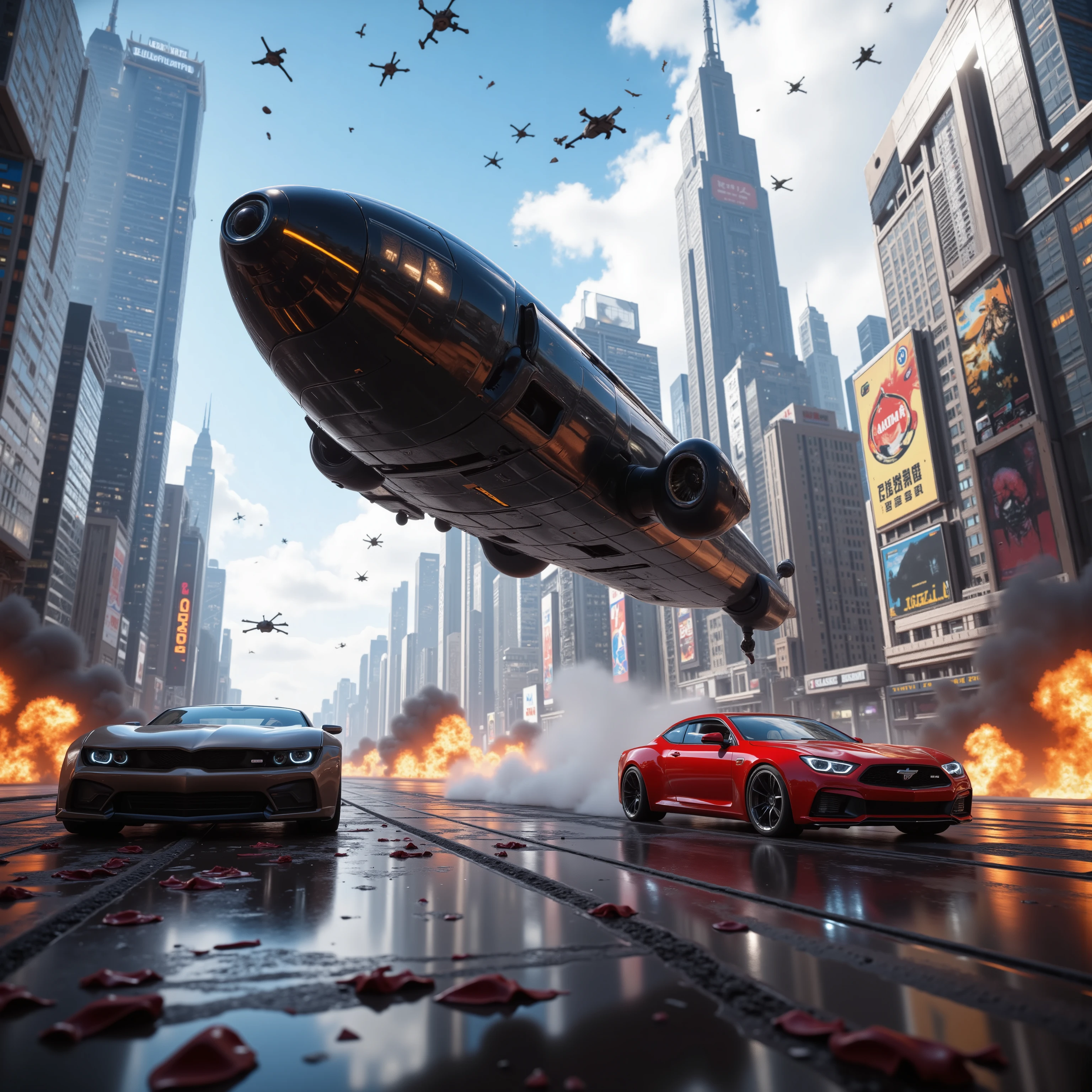 (best quality,4k,8k,highres,masterpiece:1.2), ultra-detailed. A hover car 10 stories high above a busy street in a major city in the future opens fire on another car that is parallel with it.  The image shows a glossy black car has explosive fire coming out of it and a red car across from it being riddled with bullets. Drones come in shooting out of a clear blue sky. People on the ground and cars in mid air are sprayed with automatic gun fire.  Buildings and cars are on fire and blood and bodies are all over the streets.  Death and destruction can be seen everywhere. Ultra realistic, realism, cinematic photography, cinematic lighting, cinematic portrait, portrait photography, cinematography, full focus, UHDR,  visually disorienting, portrait photography, surrealism, etheral, cyberpunk cityscape, futurism, highest quality, masterpiece.