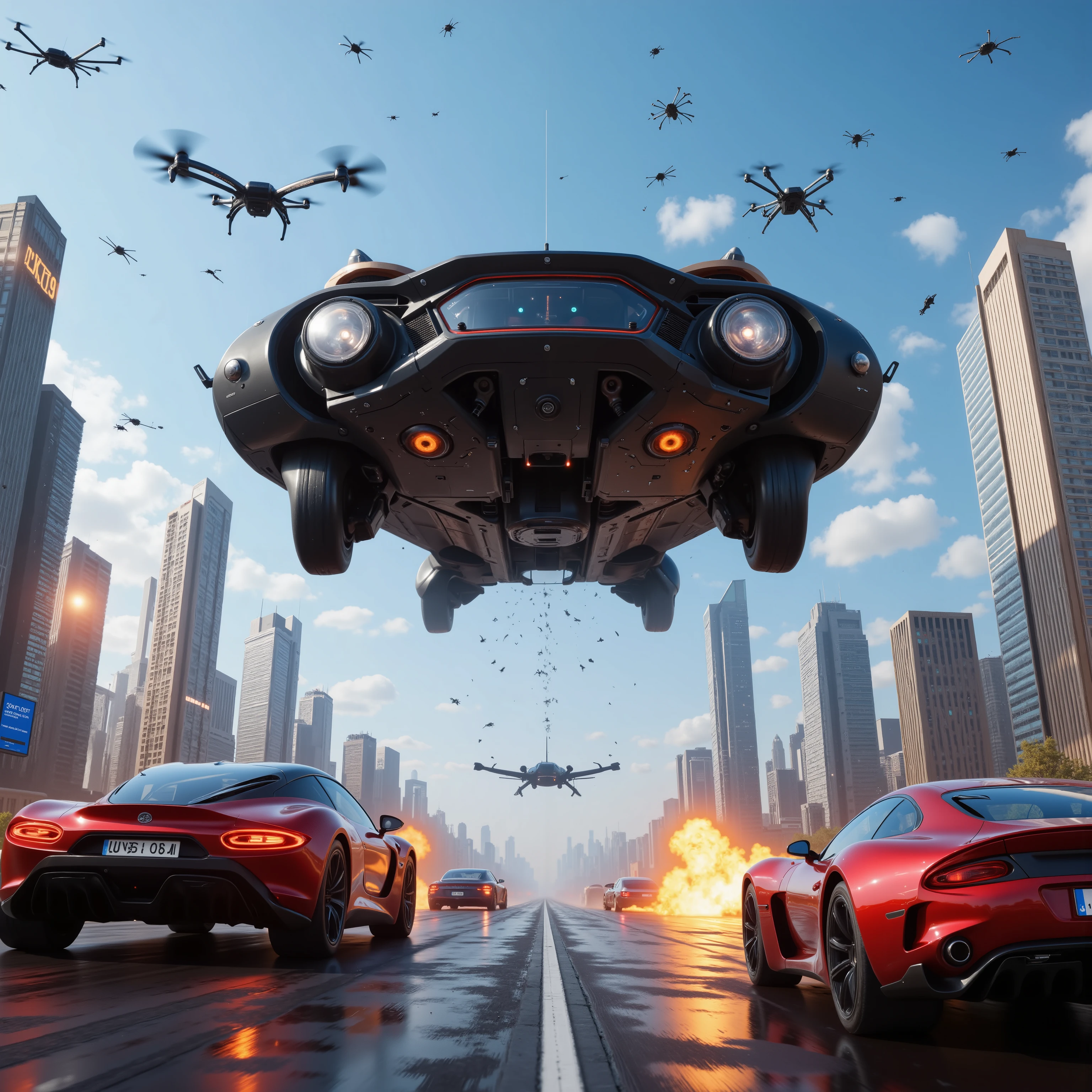 (best quality,4k,8k,highres,masterpiece:1.2), ultra-detailed. A hover car 10 stories high above a busy street in a major city in the future opens fire on another car that is parallel with it. The image shows a glossy black car has explosive fire coming out of it and a red car across from it being riddled with bullets. Drones come in shooting out of a clear blue sky. People on the ground and cars in mid air are sprayed with automatic gun fire. Buildings and cars are on fire and blood and bodies are all over the streets. Death and destruction can be seen everywhere. Ultra realistic, realism, cinematic photography, cinematic lighting, cinematic portrait, portrait photography, cinematography, full focus, UHDR, visually disorienting, portrait photography, surrealism, etheral, cyberpunk cityscape, futurism, highest quality, masterpiece.
