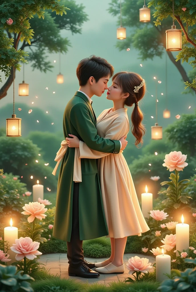 一对情侣在迷人的garden中心跳浪漫的舞蹈. The scene is illuminated by floating candles and lanterns , projects a warm , Gently. garden , From the delicate petals of flowers to the verdant leaves , The intricate details are presented in amazing 8K resolution . The couple, Immerse yourself in your arms , Exudes deep love and connection . The atmosphere is full of magical magic , The soft light and serene beauty of the surroundings brightens up the surrounding environment