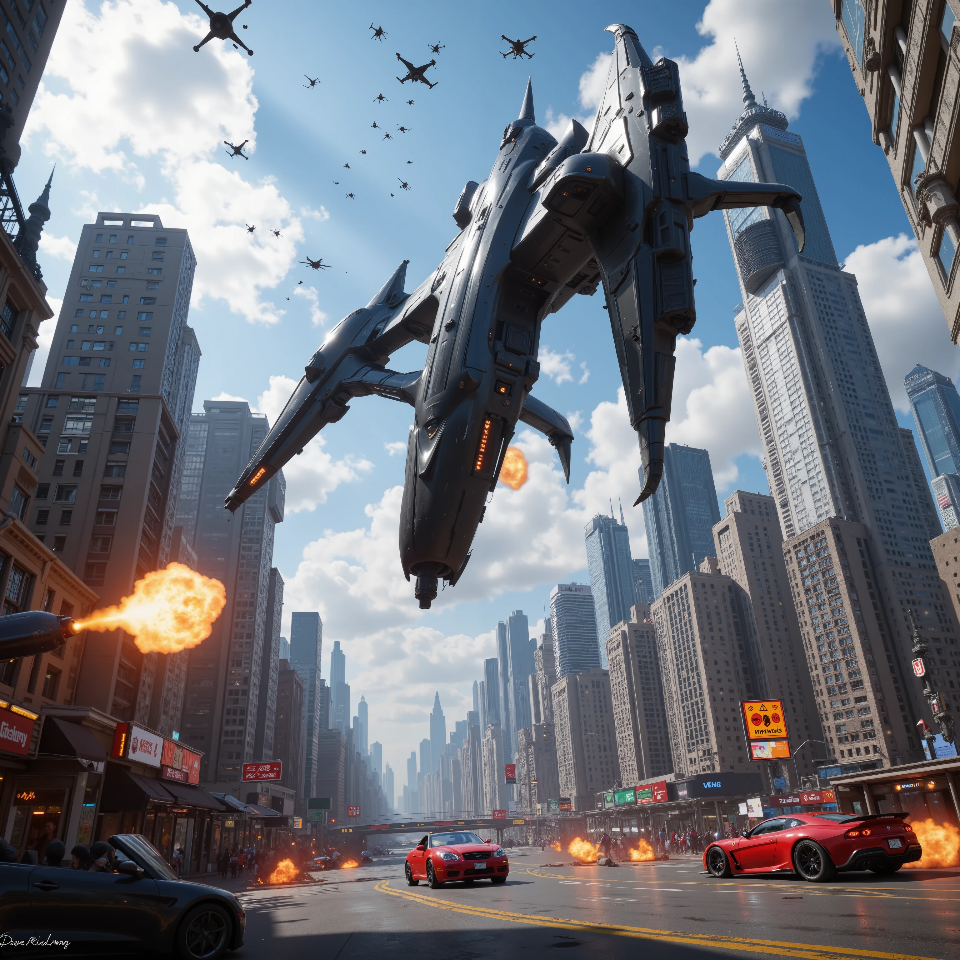 (best quality,4k,8k,highres,masterpiece:1.2), ultra-detailed. A hover car 10 stories high above a busy street in a major city in the future opens fire on another car that is parallel with it. The image shows a glossy black car has explosive fire coming out of it and a red car across from it being riddled with bullets. Drones come in shooting out of a clear blue sky. People on the ground and cars in mid air are sprayed with automatic gun fire. Buildings and cars are on fire and blood and bodies are all over the streets. Death and destruction can be seen everywhere. Ultra realistic, realism, cinematic photography, cinematic lighting, cinematic portrait, portrait photography, cinematography, full focus, UHDR, visually disorienting, portrait photography, surrealism, etheral, cyberpunk cityscape, futurism, highest quality, masterpiece.