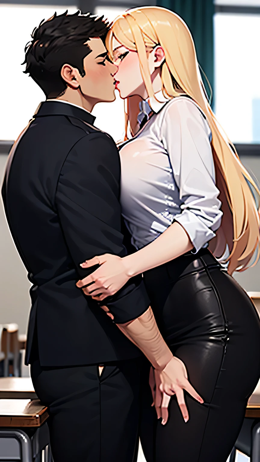 Senju Tsunade, ((Bimbo))), Long Blond Hair, cute smile face, Puffy lips, Painted lips, thick lips, wide hips, thick thighs, Huge ass, The face of craving desire , cleavage, mature mom, standing at desk, teasing, tight pencil skirt, guy is groping her ass, guy is grabbing her ass, ass being squeezed, view from side