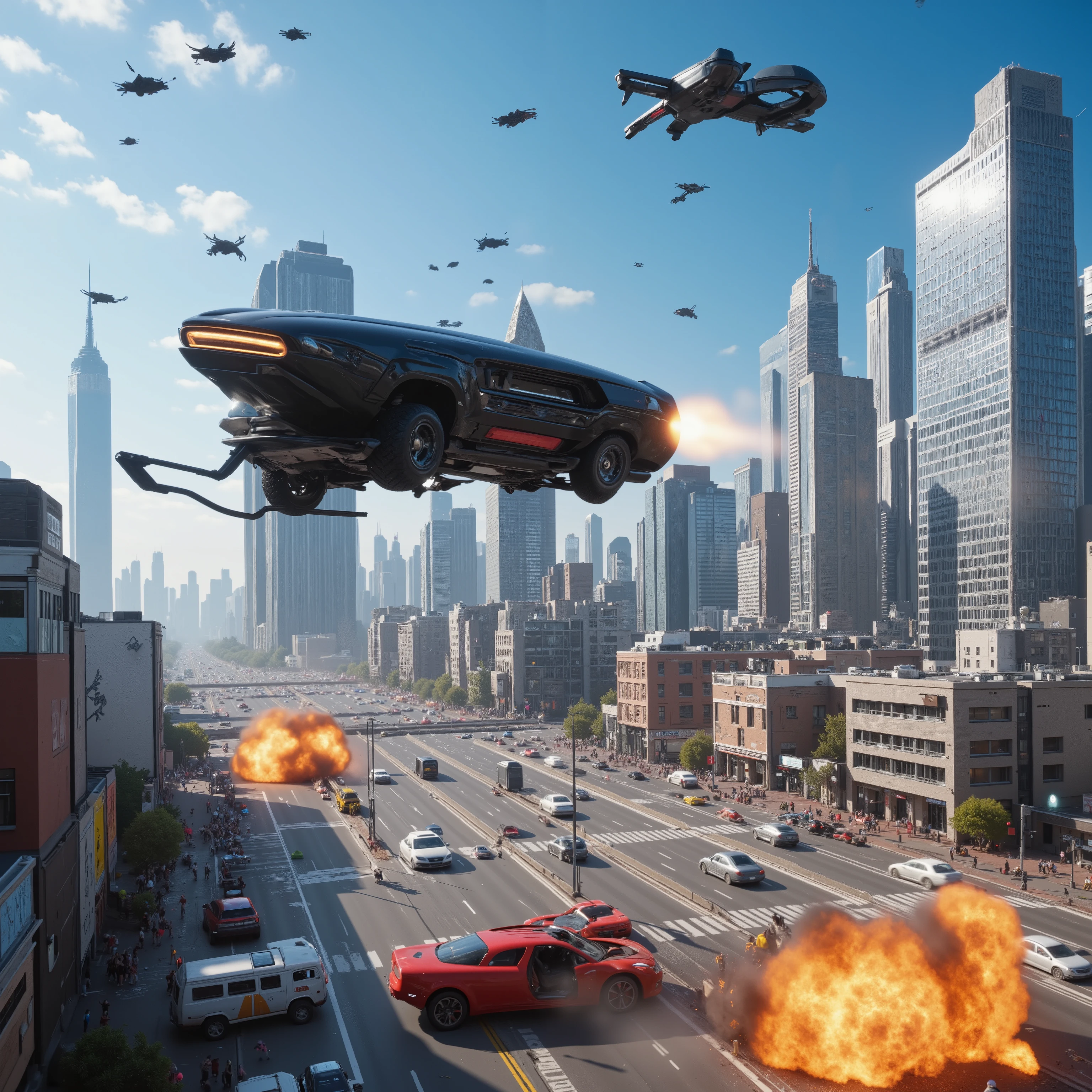 (best quality,4k,8k,highres,masterpiece:1.2), ultra-detailed. A hover car 10 stories high above a busy street in a major city in the future opens fire on another car that is parallel with it. The image shows a glossy black car has explosive fire coming out of it and a red car across from it being riddled with bullets. Drones come in shooting out of a clear blue sky. People on the ground and cars in mid air are sprayed with automatic gun fire. Buildings and cars are on fire and blood and bodies are all over the streets. Death and destruction can be seen everywhere. Ultra realistic, realism, cinematic photography, cinematic lighting, cinematic portrait, portrait photography, cinematography, full focus, UHDR, visually disorienting, portrait photography, surrealism, etheral, cyberpunk cityscape, futurism, highest quality, masterpiece.