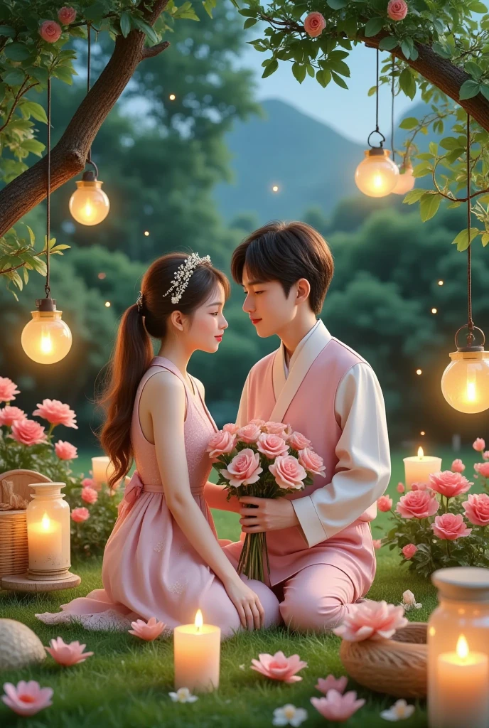 一对情侣在迷人的garden中心跳浪漫的舞蹈. The scene is illuminated by floating candles and lanterns , projects a warm , Gently. garden , From the delicate petals of flowers to the verdant leaves , The intricate details are presented in amazing 8K resolution . The couple, Immerse yourself in your arms , Exudes deep love and connection . The atmosphere is full of magical magic , The soft light and serene beauty of the surroundings brightens up the surrounding environment