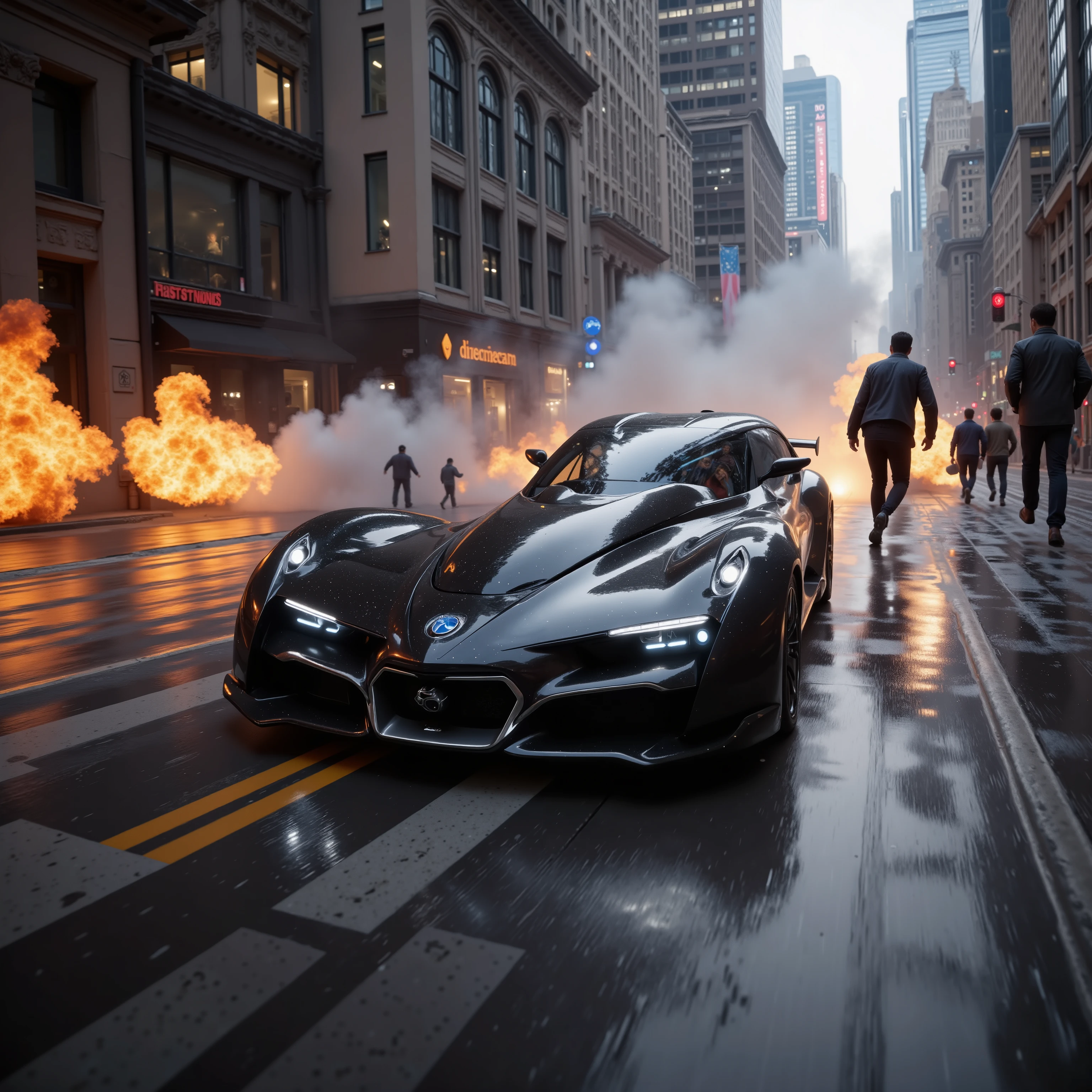 (best quality,4k,8k,highres,masterpiece:1.2), ultra-detailed.  <Lora:hk-m223c The images show a glossy black hover car being shot at by a drone with automatic gunfire. The car crashes to the street where several pedestrians are killing them and setting a few others on fire. They run down the street until they collapse, still on fire.  Ultra realistic, realism, cinematic photography, cinematic lighting, cinematic portrait, portrait photography, cinematography, full focus, UHDR,  visually disorienting, portrait photography, surrealism, etheral, cyberpunk cityscape, futurism, highest quality, masterpiece.