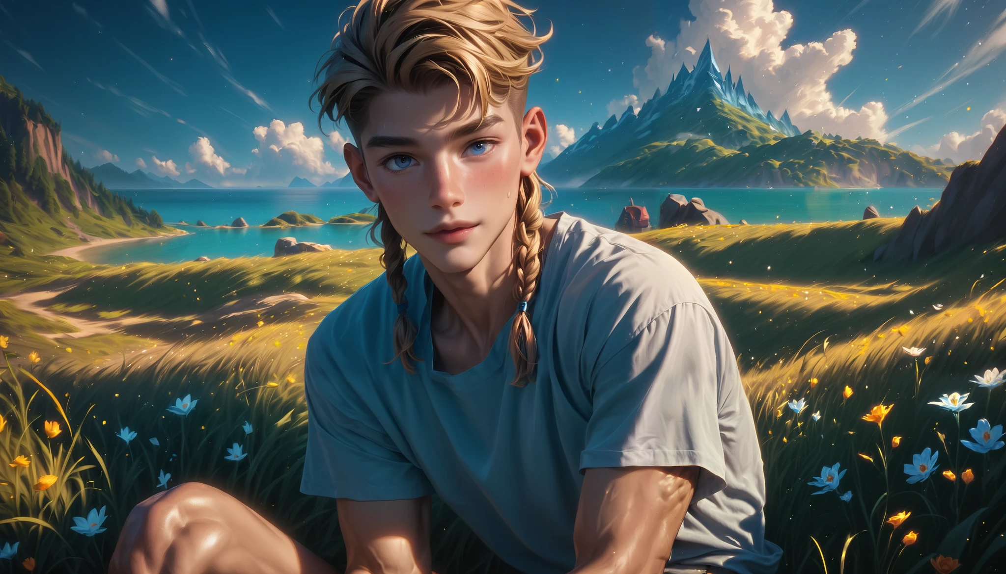 a skinny colombian boy, 20 years old, is in a fantasy town sitting down watching the landscape with a castle, he has long blond hair, slim boy, skinny abs, completely naked, tanned skin, wearing only the t-shirt and showing his penis with few pubic hair, sweet facial expressions, warm light details of the sea landscape. romantic view of the surreal valley surrounded by the mountains and flowers with dark clouds on the stormy sky.