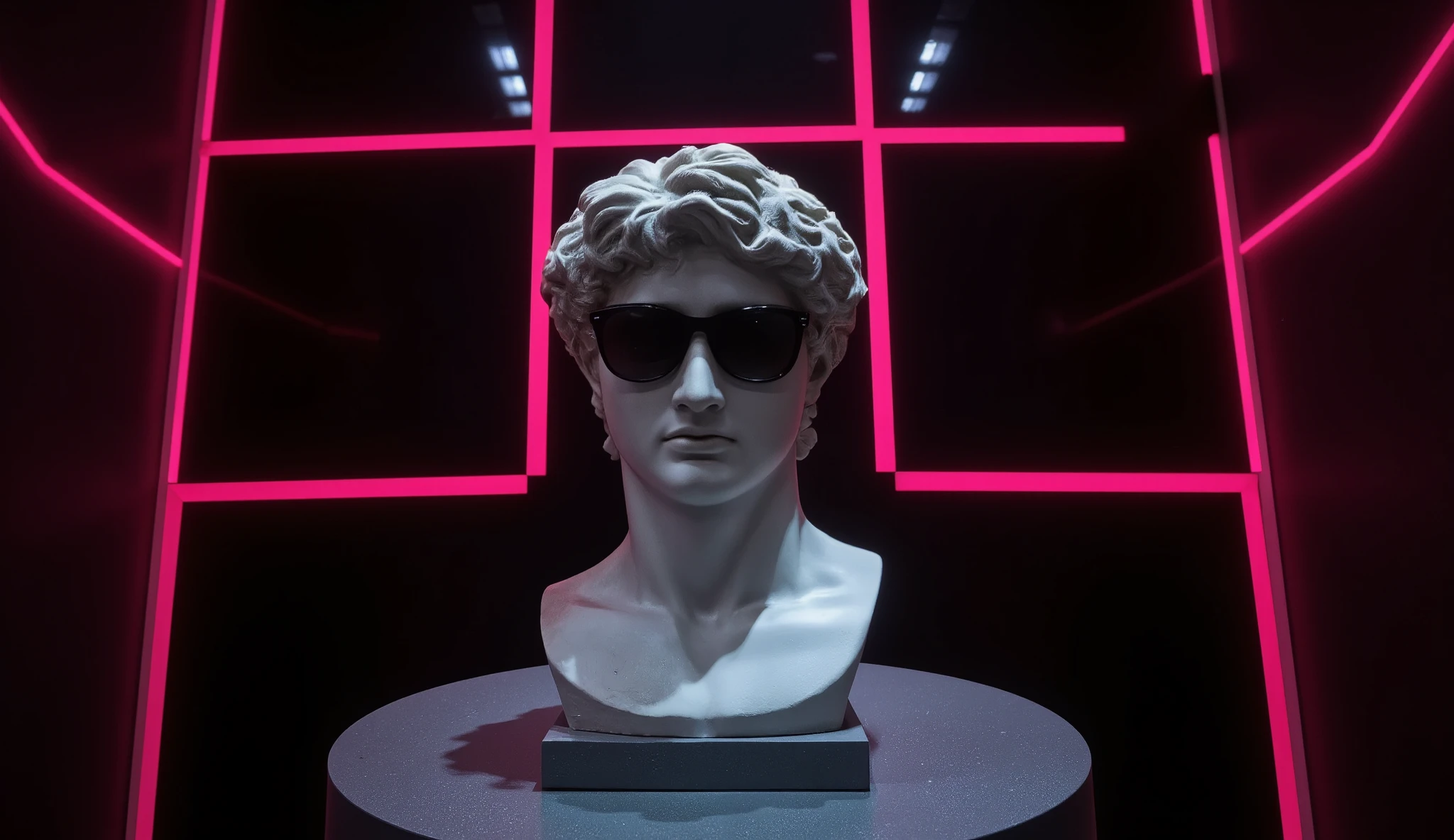 A highly detailed classical marble bust inspired by Michelangelo's David, featuring a chiseled face with curly hair, wearing sleek modern sunglasses. The bust is gray, extending down to reveal parts of the shoulders and chest. It is placed on a circular gray pedestal. The background is deep black, adorned with intersecting neon pink light bars forming a grid-like pattern of squares. The lighting is dramatic, casting soft highlights on the sculpture while emphasizing the contrast between the classical and modern elements."