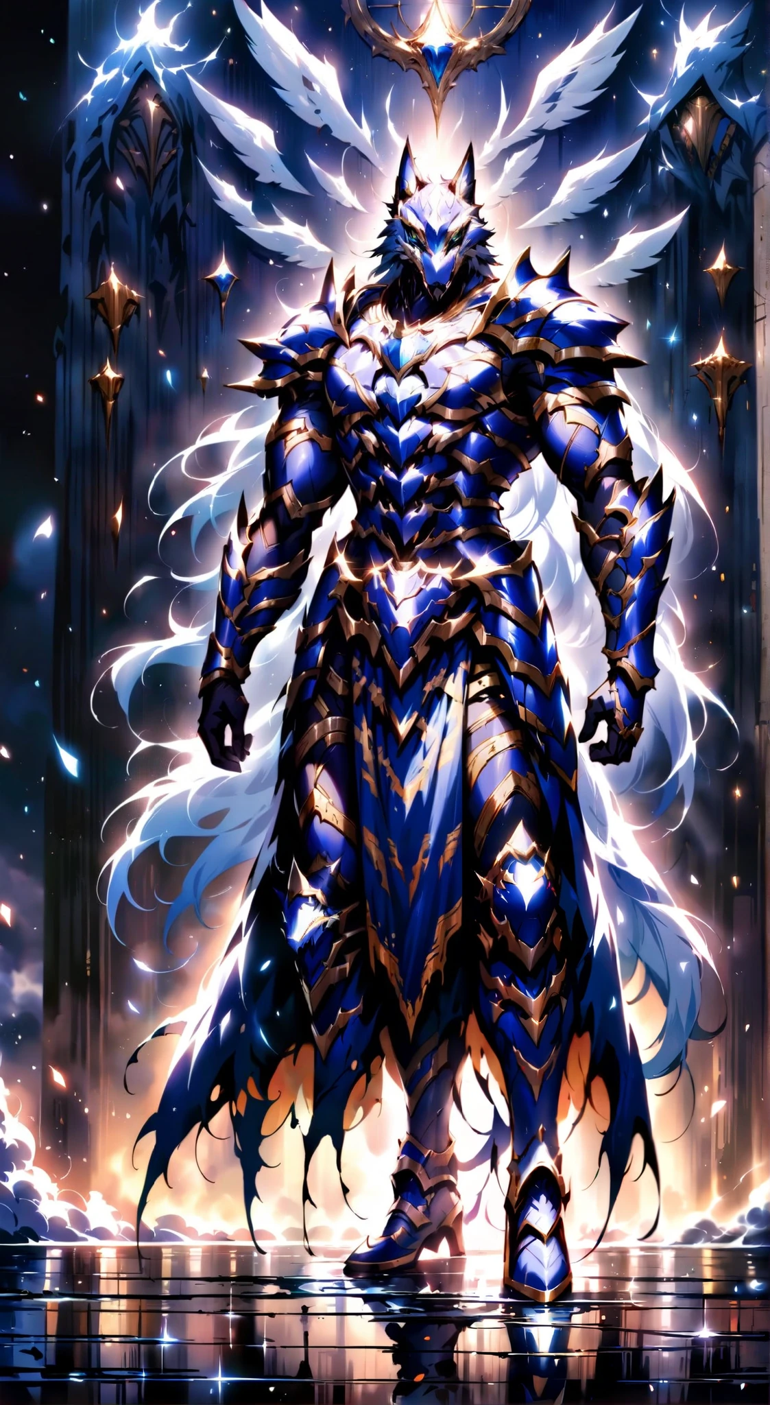  best quality ,  Masterpiece,  portray an ancient wolf armor ,  with a deep, dark color ,  reminiscent of a dense night . O elmo,  sculpted in the shape of a metallic wolf ,  displays eyes that shine brightly ,  emanating an intimidating aura . This armor is monumental ,  sturdy and imposing ,  reflecting strength and endurance .  Surrounded by a long, torn cape ,  with a dark hue ,  the scene is complemented by black rays and smoke that float around.  The presence is marked by a powerful and mystical aura . Art must be realistic,  capturing every impressive detail and the intensity of the moment .