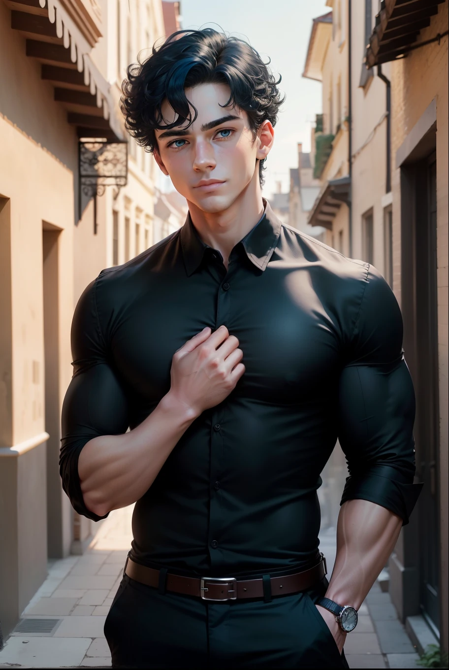 ((the best quality)), ((Masterpiece)), (details), perfect face, high definition, Masterpiece,4k,details clearly, Handsome face, white skin, perfect body, male body, strong muscles, abdomen, Gray eyes, white skin, The most handsome man in the world, handsome, The coolest face, Male characters, close image (1man, shirtless), young man, mischievous smile, Extremely muscular tall man, open your eyes ((detailed eyes)), huge, muscular body and Massive, bulging pecs, muscular abs, narrow waist, short hair, gray eyes, delicate big eyes, carefree expression, clear face, handsome (detailed face, perfect face) ((extremely realistic shadows, bodybuilding posture, human, ((22-year-old young man)), V shape, athletic, athletic, Shirtless, Sunlight, City, lower pants, topless, close up look, CG sense, Textured skin, the best quality, Storytelling images, lower your pants, show Panty line, Show your abs, show arm muscle, Black hair, shining gray eyes, eyes contact, high school jeans, green plum bob, leather belt, bracelets, rings, open shirt((black shirt)), unbutton