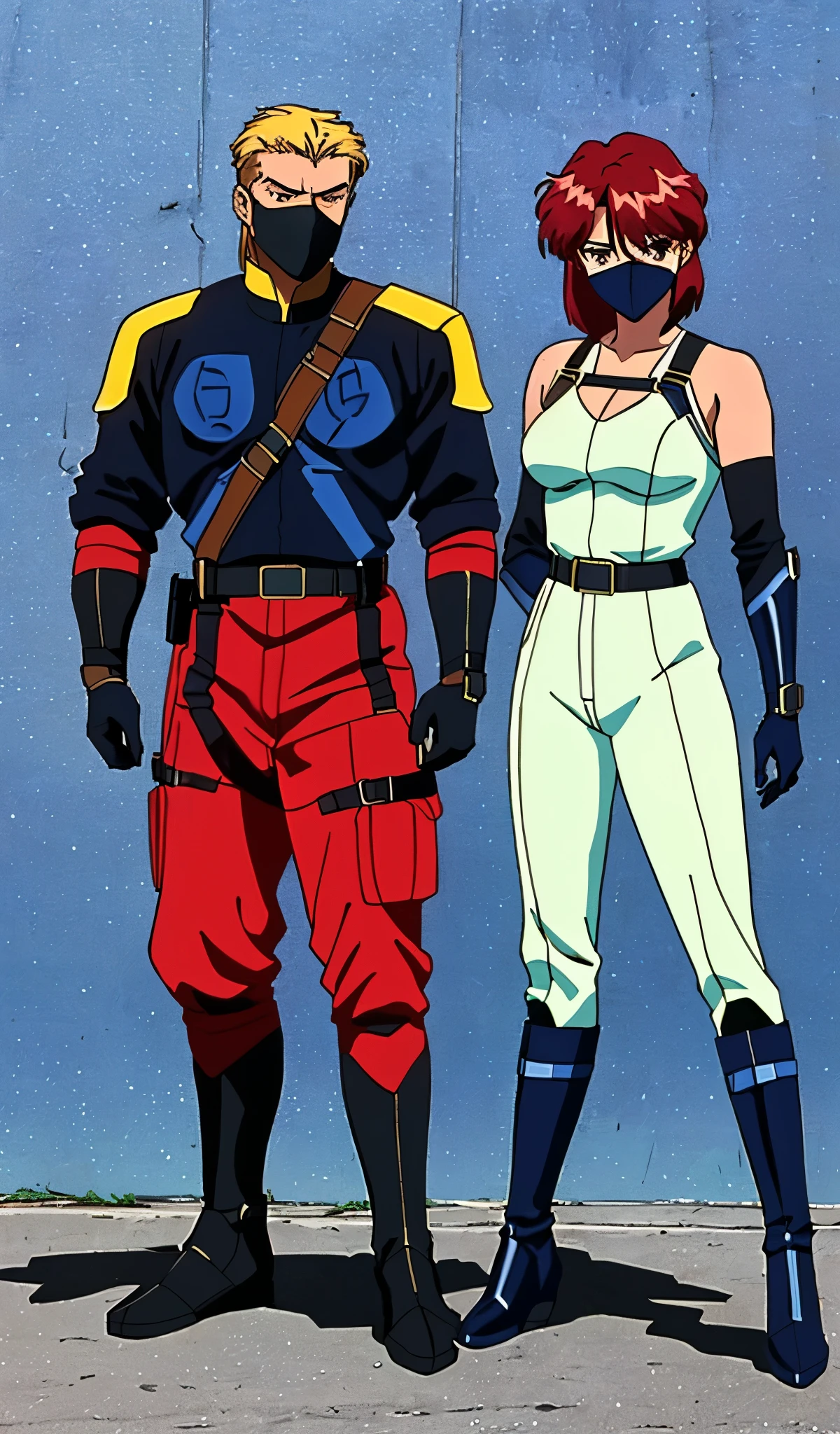 Young woman with large breast drawn in 80’s anime art style. 
Retro anime. Vintage Anime. Classical Anime. 

This Superhero outfit is a highly recognizable and iconic superhero suit, primarily red and black, designed for both style and functionality. Here’s a detailed breakdown of its elements:

	1.	Full-Body Suit – The suit is a tight-fitting, red and black tactical bodysuit made of durable, reinforced fabric, likely a mix of leather and synthetic materials, designed to provide protection while allowing maximum flexibility.
	2.	Mask – Superhero’s mask is red with black patches around the eyes, which enhance the character’s expressive look. The eye areas are white, giving her a cartoonish but menacing aesthetic.
	3.	Black Shoulder and Arm Guards – The suit features black armored sections on the shoulders and arms, possibly made of a sturdy material for additional combat protection.
	4.	Harness and Utility Straps – A brown leather-like harness with cross-body straps is present, used to hold weapons. 
	5.	Utility Belt – The belt is brown with multiple pouches for ammunition and gadgets. The buckle prominently features a clock as a logo—design.
	6.	Gloves and Forearm Guards – She wears black gloves that extend to her forearms, with reinforced padding for combat and grip.
	7.	Leg Armor and Tactical Boots – Her lower body is similarly armored, with reinforced padding around the knees and heavy-duty black tactical boots built for combat durability.

This outfit not only provides protection but also enhances the Superhero’s combat capabilities, making them an effective and stylish anti-hero.