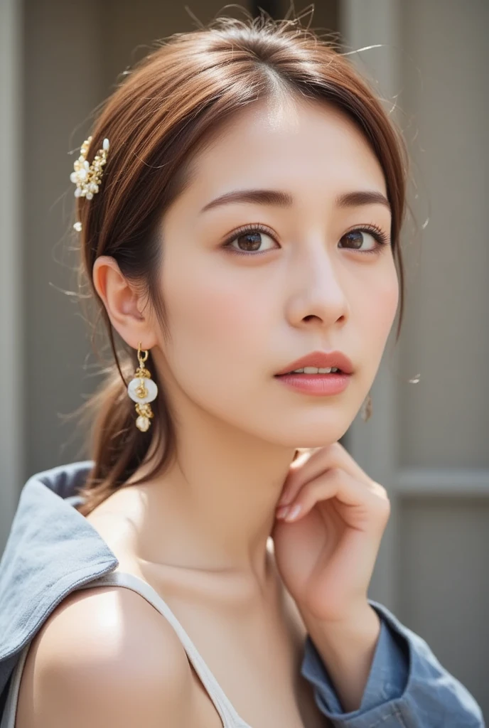 Blonde girl posing for a photo wearing earrings and a white shirt, portrait of jossi of blackpink, captured on canon eos r 6, jaeyeon nam, roseanne park of blackpink, jossi of blackpink, sha xi, jimin, Jinyoung Shin, shot with Canon EOS R 5, photographed in a Canon EOS R5, taejune kim, Portrait of female Korean idol