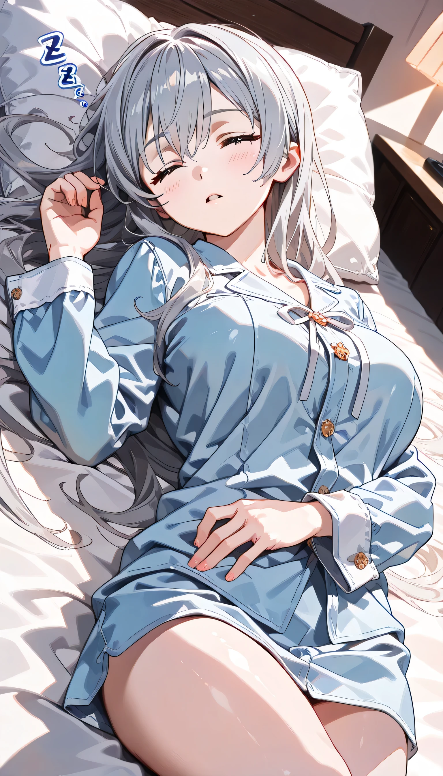 ((ultra-detailed)), (highly detailed CG illustration), (best quality:1.2), ultra-highly detailed, colorful composition, artistic photoshoot, ((1 girl)), ((solo focus)), ((thigh to top:1.4)), ((cowboy shot:1.4)), moe anime character,  girl, dainty facial structure, (bab(round face), ((rounded chin:1.2)), ((ideal ratio body proportions)), celia-default, celia claire, ((close eyes)), ((Sleeping:1.4)), ((Zzz sleeping text on the head:1.4)), silver hair color, long hair, ample breasts, pajamas with pink, (night), (Warm-colored lighting in the room), ((no man on the bed:1.4)), ((no man in the room:1.4)), best quality, masterpiece, window in a room decorated in rococo style, ((lie down on the bed:1.4)), dynamic pose, overhead shot, expecting, pink cheek, blush, light pink gloss slip, portrait, depth of field, soft lighting, sidelighting, (shine), lighting, caustics, ray tracing, smile, perfect face, lustrous skin, highly detailed face, highly detailed eyes, perfect face, perfect nose, perfect hair, perfect eyes, perfect anatomy, beautiful hair, beautiful small face, extremely detailed face, beautiful detailed eyes, beautiful clavicle, beautiful body, beautiful huge breasts, leavage, breasts squeezed together, equalize the size of the left and right breasts, beautiful thin thighs, beautiful legs, beautiful fingers, 4 fingers, 1 thumb, lovely, (very detailed background:1.0), (highly detailed background:1.0), winter aesthetic, intricate details, night atmosphere, winter colors palette, chromatic aberration
