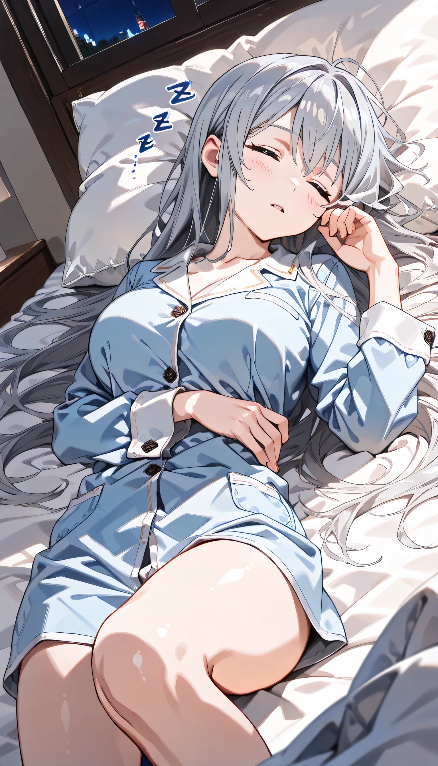 ((ultra-detailed)), (highly detailed CG illustration), (best quality:1.2), ultra-highly detailed, colorful composition, artistic photoshoot, ((1 girl)), ((solo focus)), ((thigh to top:1.4)), ((cowboy shot:1.4)), moe anime character, girl, dainty facial structure, (bab(round face), ((rounded chin:1.2)), ((ideal ratio body proportions)), celia-default, celia claire, ((close eyes)), ((Sleeping:1.4)), ((Zzz sleeping text on the head:1.4)), silver hair color, long hair, ample breasts, pajamas with pink, (night), (Warm-colored lighting in the room), ((no man on the bed:1.4)), ((no man in the room:1.4)), best quality, masterpiece, window in a room decorated in rococo style, ((lie down on the bed:1.4)), dynamic pose, overhead shot, expecting, pink cheek, blush, light pink gloss slip, portrait, depth of field, soft lighting, sidelighting, (shine), lighting, caustics, ray tracing, smile, perfect face, lustrous skin, highly detailed face, highly detailed eyes, perfect face, perfect nose, perfect hair, perfect eyes, perfect anatomy, beautiful hair, beautiful small face, extremely detailed face, beautiful detailed eyes, beautiful clavicle, beautiful body, beautiful huge breasts, leavage, breasts squeezed together, equalize the size of the left and right breasts, beautiful thin thighs, beautiful legs, beautiful fingers, 4 fingers, 1 thumb, lovely, (very detailed background:1.0), (highly detailed background:1.0), winter aesthetic, intricate details, night atmosphere, winter colors palette, chromatic aberration