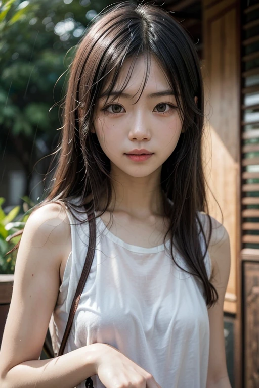 Highest quality、Realistic、、zoom、、look up、cute、Light grey eyes、Black Hair、Long Hair、boyish、Tanned brown skin、Dark Skin、Plain white T-shirt、heavy rain、Heavy Rain、Soaked from head to toe、Wet Hair、Wet Face、Wet body、A wet, clingy shirt、A wet, see-through shirt、See-through nipples、Shy laugh、Flat Chest、No bra、Bust Shot、thin