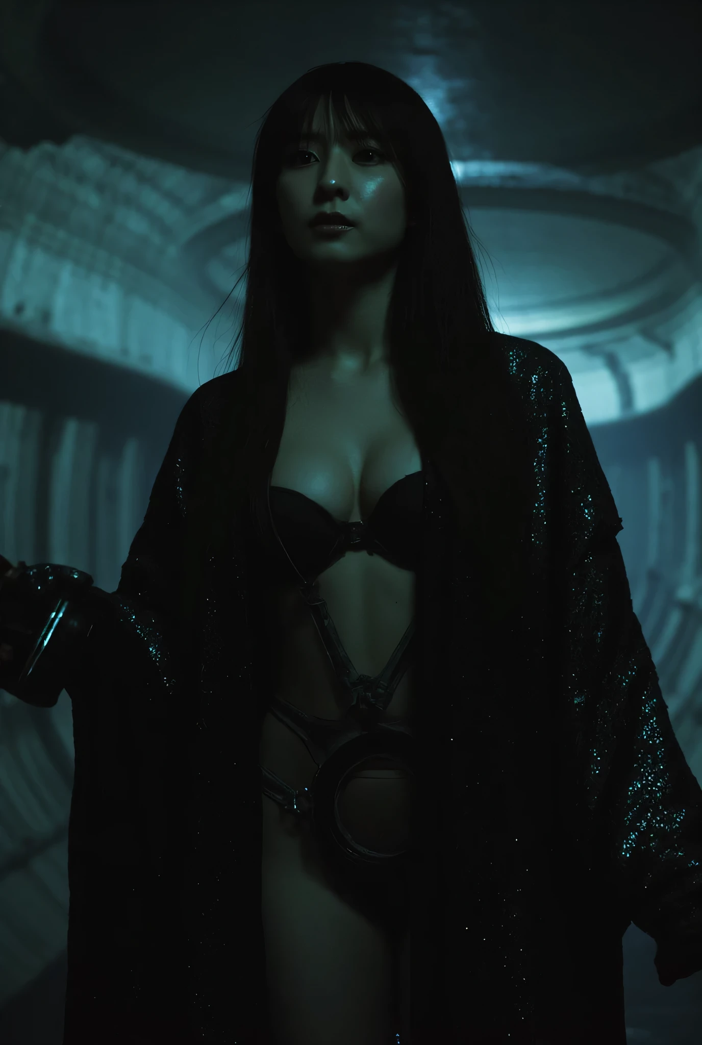 (((The dark interior of the Nostromo ship :2.0))),((( HR Gigger Style Cyberpunk Atmosphere :2.0))),(((Hold a cyberpunk-style Japanese sword:2.0))), standing,((whole body:2.0)), one woman,( cute face),(Beautiful well-balanced face ),(( natural big breasted :2.0)),( black hair:1.5),( beautiful eyes:1.3), glamorous shot of a 20 year old Japanese woman , Slender Beautiful Body ,(( model body type:2.0)),(( slim body with hot water:1.7)), perfect body line , ideal proportions ,(( big breasts:2.0)),((F cup breasts:1.5)),Big Breasts,Bare thighs, sensual thighs, delicate body,( Muscular:1.7),A harmonious posture,((Realistic breast depiction :1.7)), carefully depict limbs based on perfect anatomy,((Wear a samurai kimono-style military coat with an open front over a black super high-leg leotard :1.5)),(( is a super high-leg leotard made of camy-style latex that fits the body:1.5)),(( leotard that is tied from behind:1.5)),(ear monitor:1.5),((Tactical Holster:1.5)),( gloves for legs only:1.3), concept art,( top quality:1.5),( Masterpiece:1.5),(超高resolution),resolution,UHD,( delicate depiction), carefully drawn with butterfly wings ,32K,(( realistic skin texture:1.5)),((( Super realistic :1.5))), eyelashes, highly detailed faces,Highly detailed female hand,Sexy appearance,Very sensual,(Blurry Dim Backgrounds :1.5), professional photography,( Movie Lighting:2.0),(( Blade Runner Style Lights :2.0))