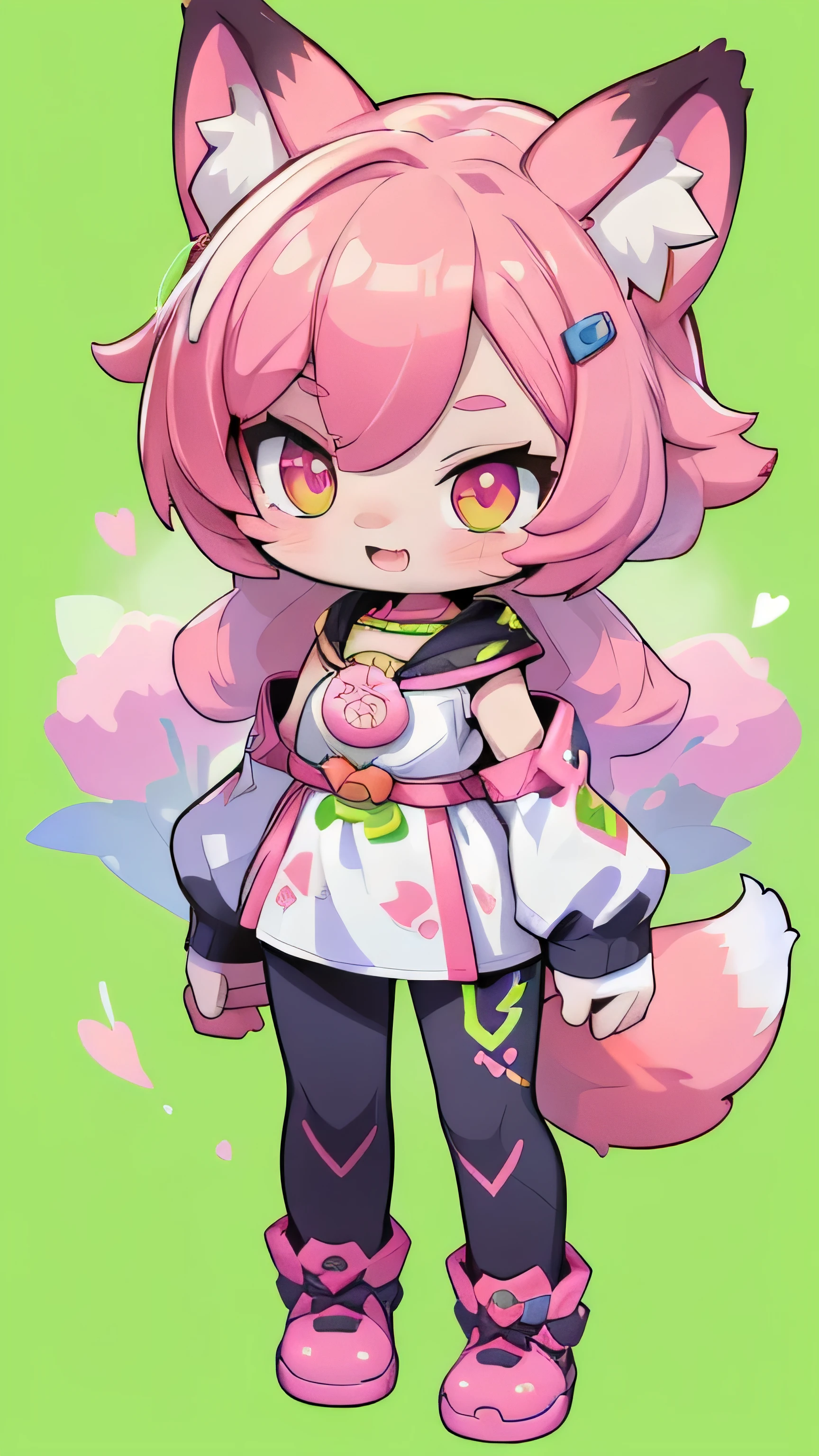 Create a unique sticker, Female hairy rainbow fox , Fox Ears , a fox tail , wide hips , White Skin Body , full body, standing, chibi. (cyberpunk style), ( High Quality , thong, 8k, high resolution), ((estilo chibi, chibi cute)), ( alone, A girl ), { fox girl, Fox Face, 2 fangs , long lashes, eyeliner } { fox mustaches }, ((( Fox skin over the body , fox stripes on the body , visible ears ))), (( long pink hair )), hair clip , ((very happy)), (( open-mouthed)), [Rainbow pupil ], (( Looking up )), ( very small breasts ), thin arms, ( arm down), --((( leggings and white blouse)))--, {{{ mini tiger tail , tail on the back }}}, ((( Blow from above the body ))), (((standing))), ((Green background(chroma key))), (((( estilo Anya em Spy x Family e Sakura em Sakura card captors)))), (( Dazzling vivid color )), anime style , Perfect Atomy .