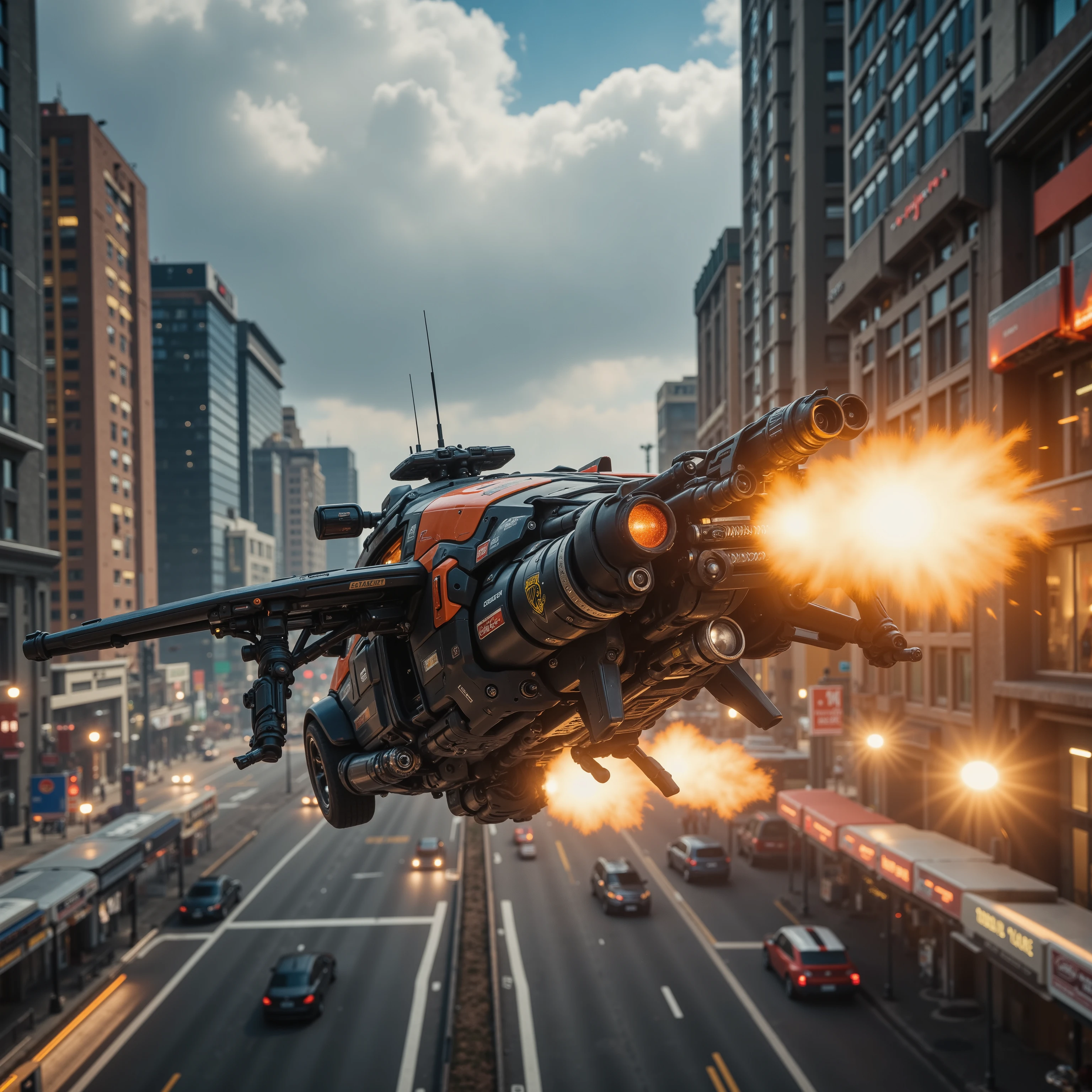 (best quality,4k,8k,highres,masterpiece:1.2), ultra-detailed.  In a major city in the future a flying car opens fire on another car 100ft. above the street with automatic gunfire. A mid-air shooting in broad daylight.  Macro photography. Ultra realistic, photorealistic, war, cinematic photography, cinematic lighting, cinematic portrait, portrait photography, cinematography, full focus, UHDR,  portrait photography, cyberpunk cityscape, futurism, highest quality, masterpiece.